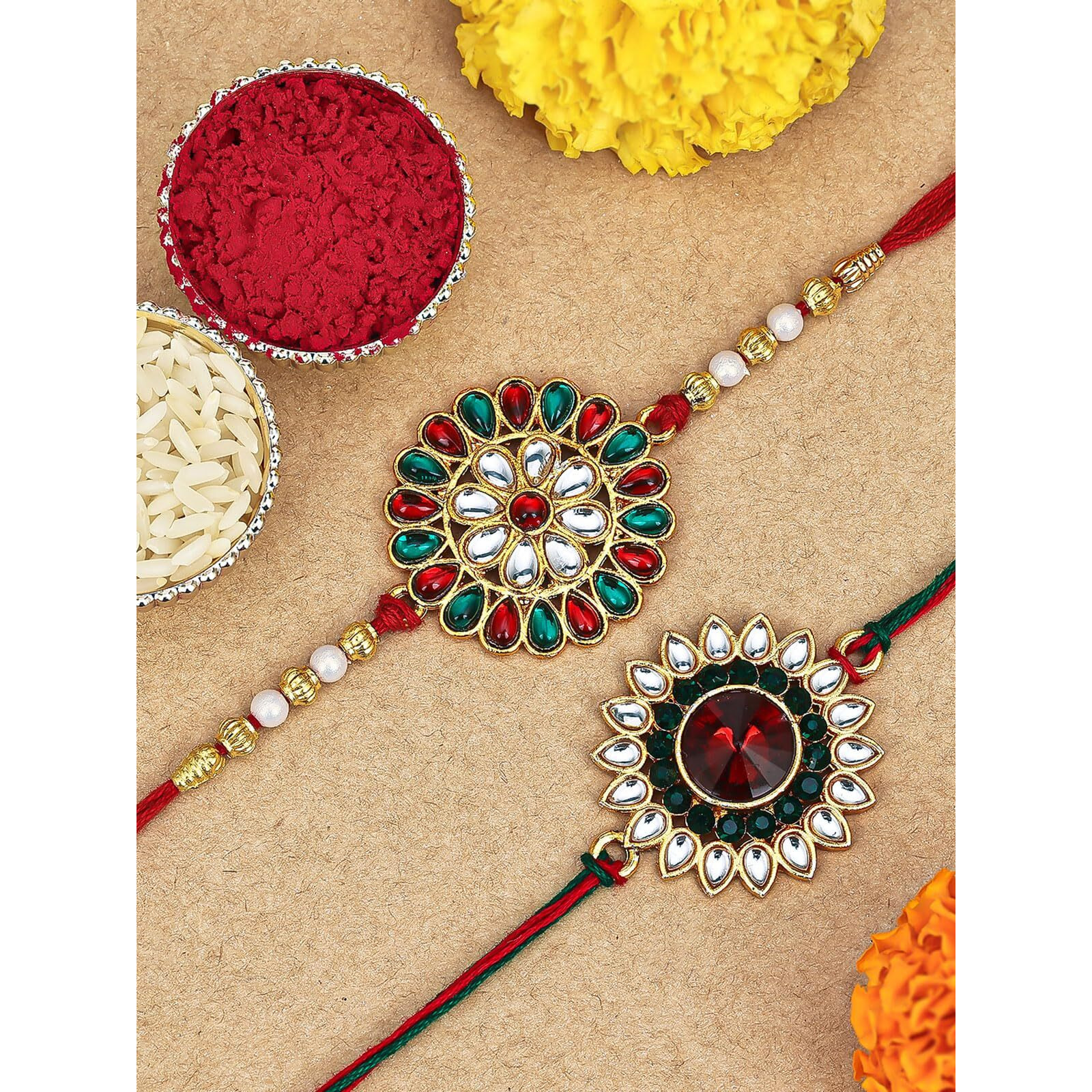 Sukkhi Rakhi Charming Kundan Rakhi Combo & Designer Gold Plated Premium Rakhi For Brother, Roli Chawal & Greeting Card|Rakhi For Bhaiya|Rakhi For Men|Kundan Rakhi|Rakhi Combo-Set Of 2 |Cbrak105027