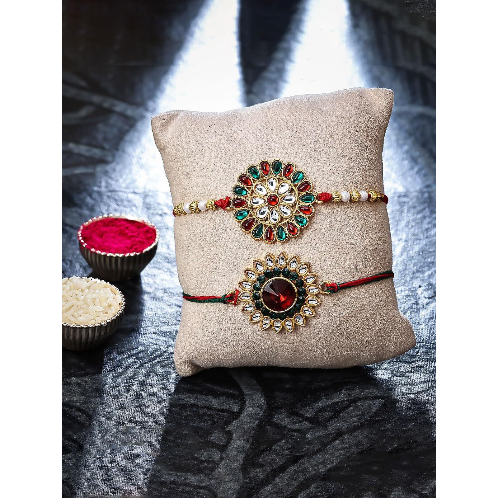 Sukkhi Rakhi Charming Kundan Rakhi Combo & Designer Gold Plated Premium Rakhi For Brother, Roli Chawal & Greeting Card|Rakhi For Bhaiya|Rakhi For Men|Kundan Rakhi|Rakhi Combo-Set Of 2 |Cbrak105027
