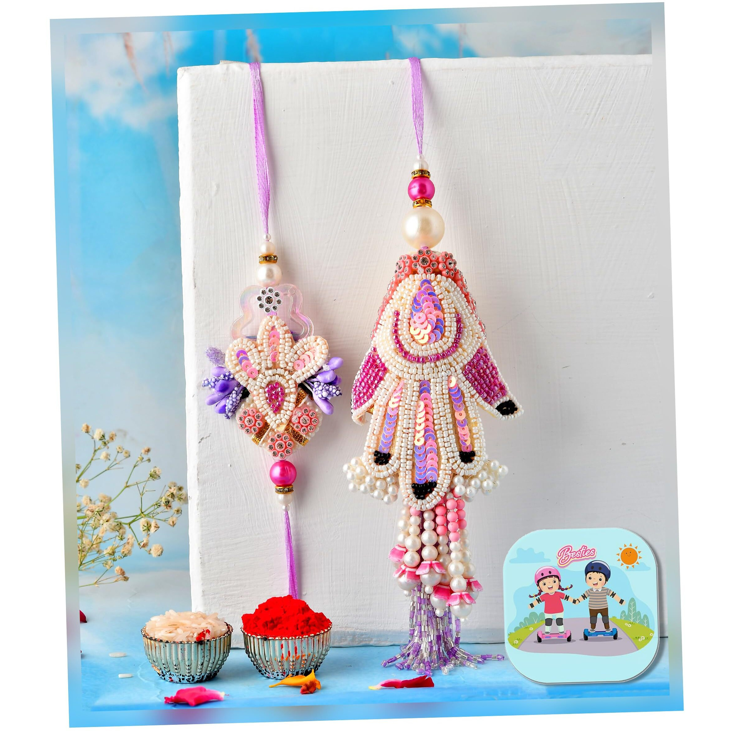 Craftvatika Premium Rakhi Set For Bhaiya Bhabhi Brother | Designer Hamsa Hand Raksha Bandhan Couple Pair Booty Rakhi For Bhai With Fridge Magent, Rakhis Greeting Card, Tilak Set, Set Of 2, Home Decor