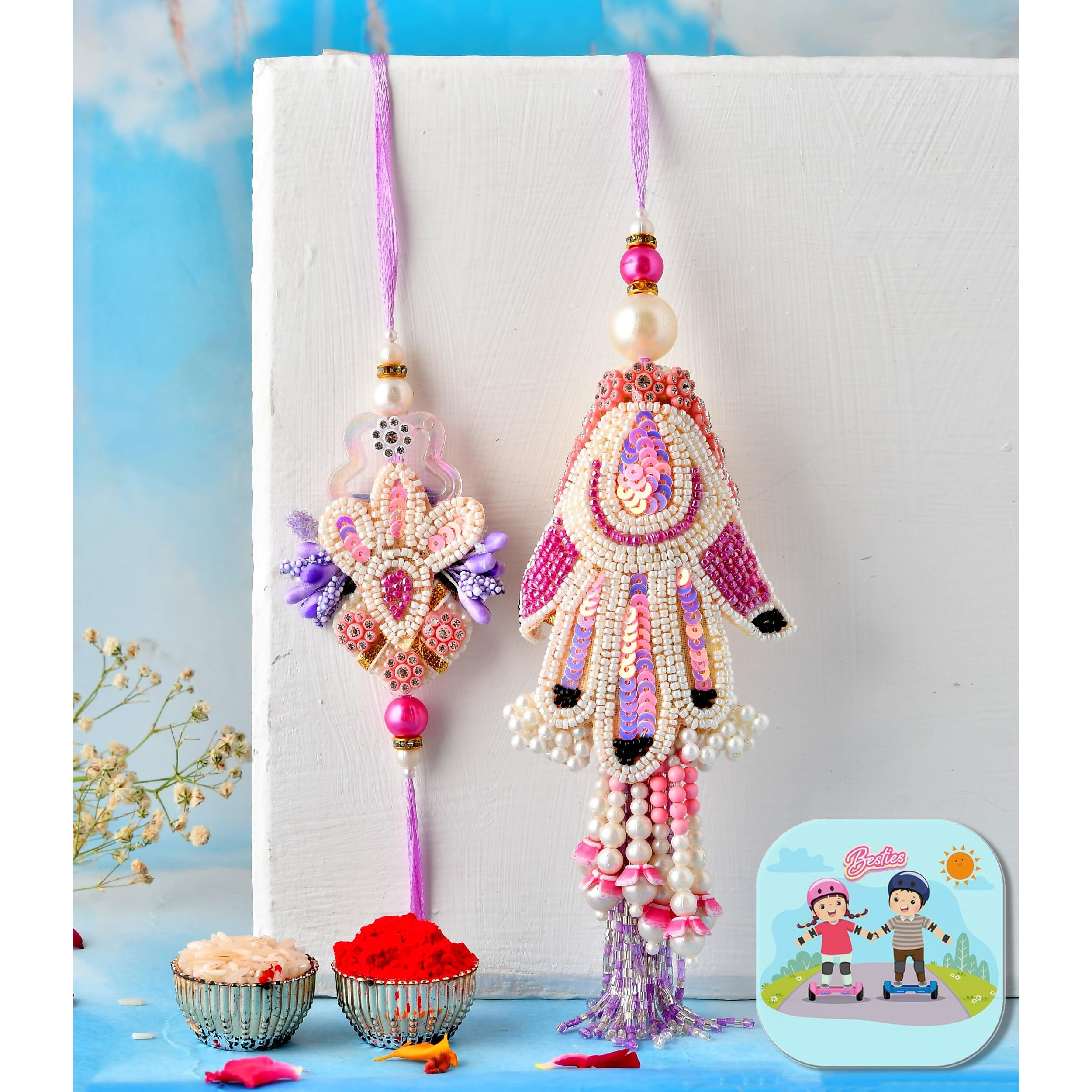 Craftvatika Premium Rakhi Set For Bhaiya Bhabhi Brother | Designer Hamsa Hand Raksha Bandhan Couple Pair Booty Rakhi For Bhai With Fridge Magent, Rakhis Greeting Card, Tilak Set, Set Of 2, Home Decor