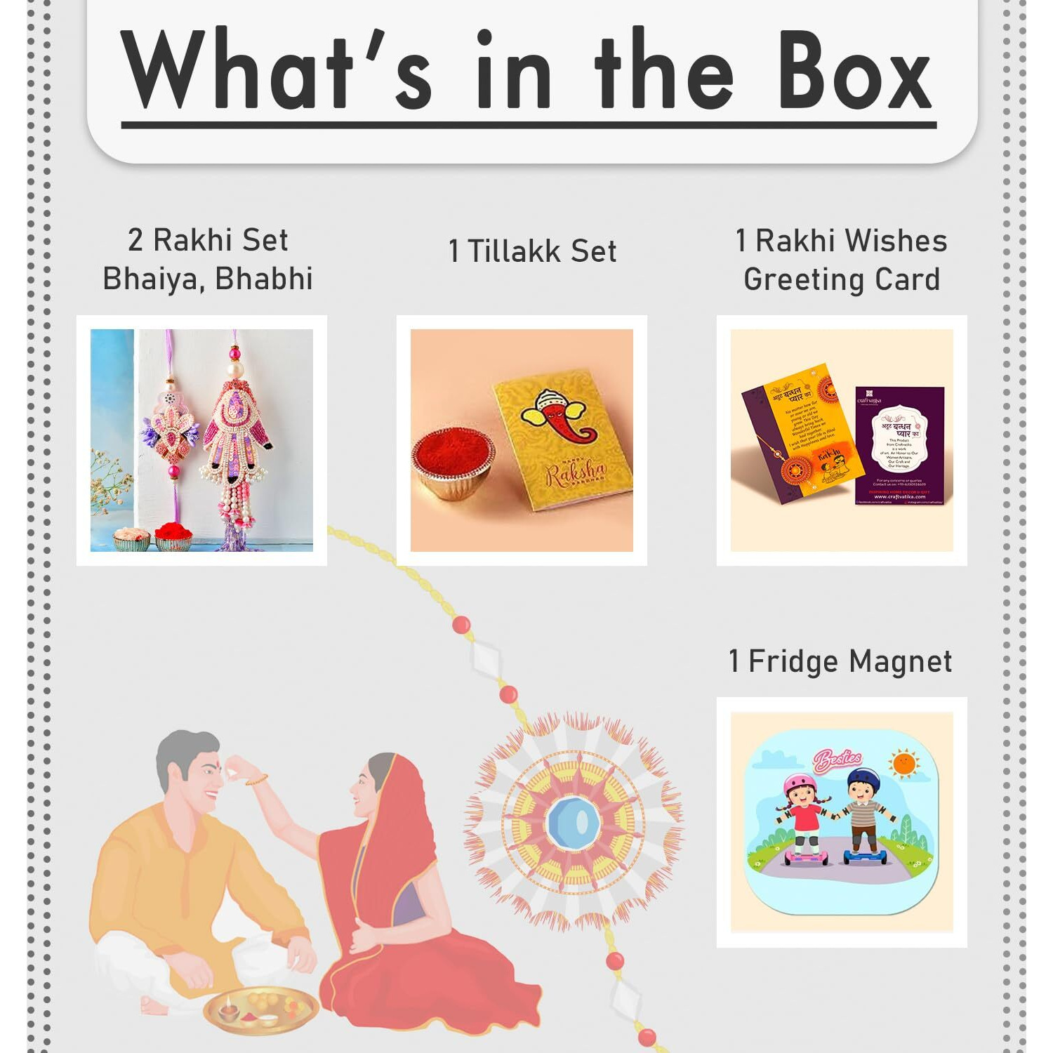 Craftvatika Premium Rakhi Set For Bhaiya Bhabhi Brother | Designer Hamsa Hand Raksha Bandhan Couple Pair Booty Rakhi For Bhai With Fridge Magent, Rakhis Greeting Card, Tilak Set, Set Of 2, Home Decor