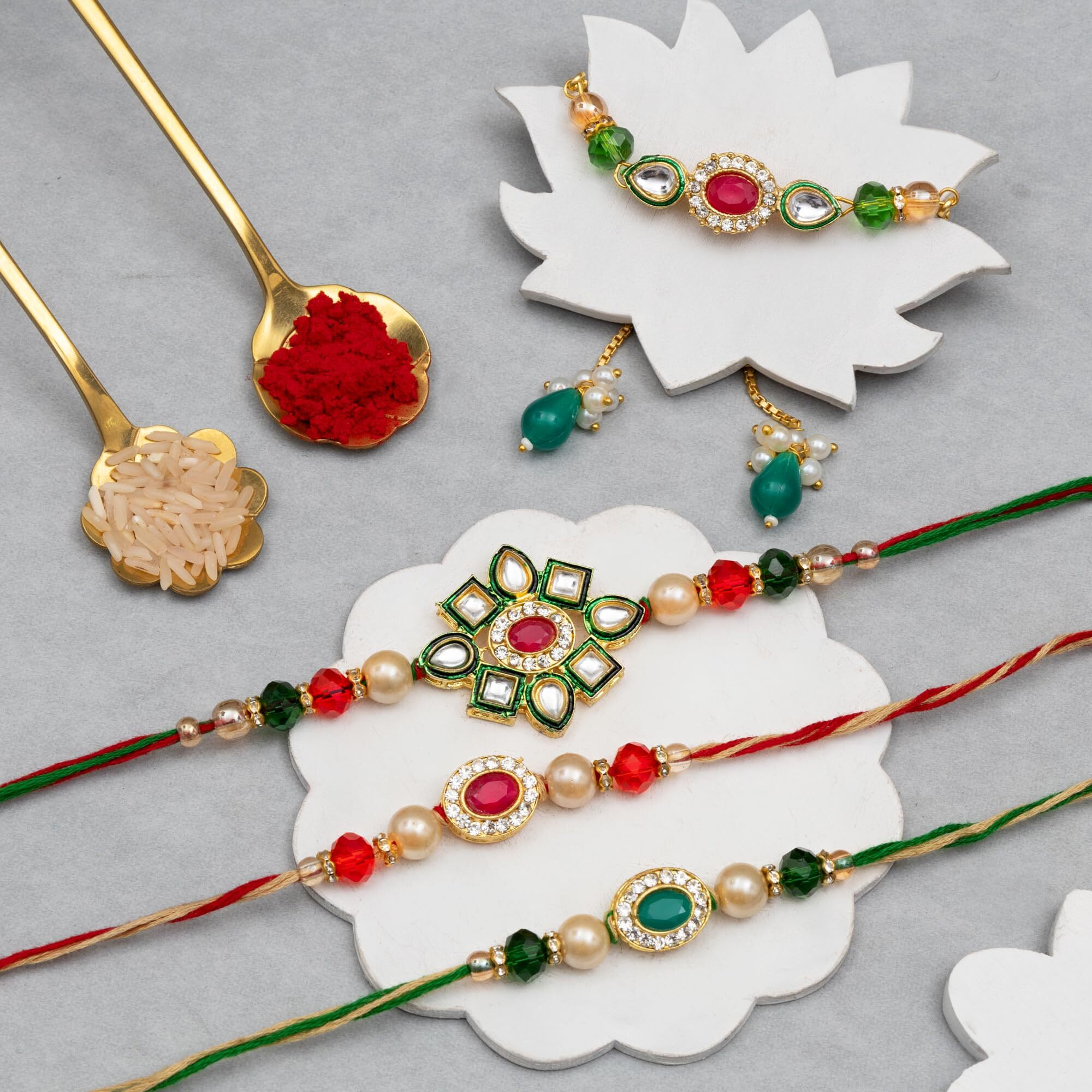 To The Nines Kundan Bhaiya Bhabhi Rakhi With 2 Rakhi For Kids, Greeting Card & Tilak Material  Lumba Rakhi Set