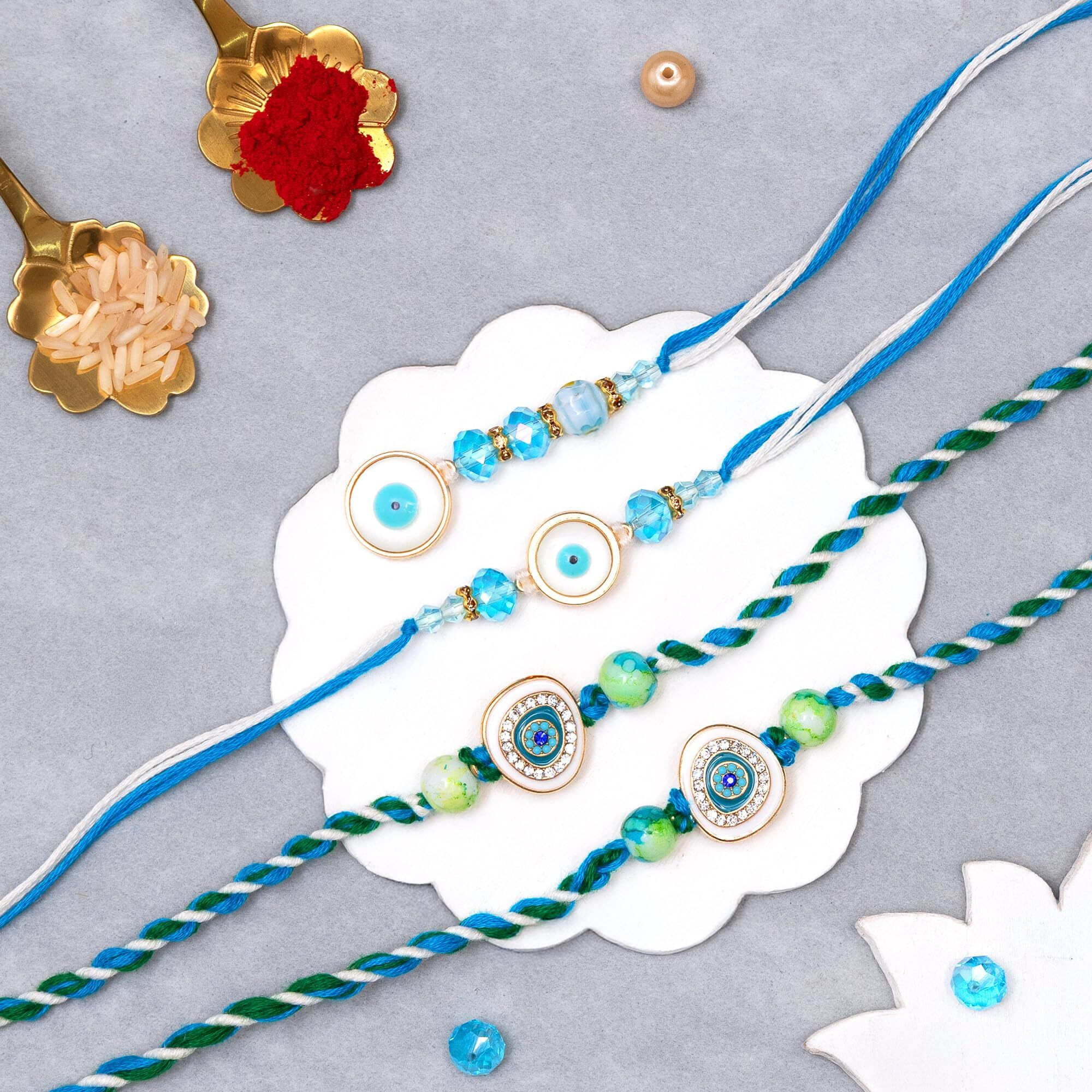 To The Nines Evil Eye Bhaiya Bhabhi Rakhi Set With 2 Rakhi For Kids Greeting Card & Tilak Material