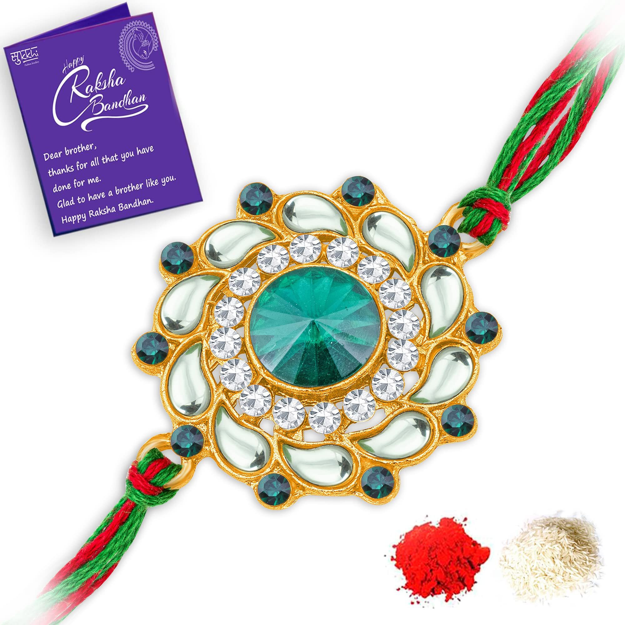 Sukkhi Rakhi Wanderlust Kundan Designer Gold Plated Premium Rakhi For Brother With Roli Chawal & Greeting Card | Rakhi For Bhaiya | Rakhi For Men | Kundan Rakhi | (Rak104492)