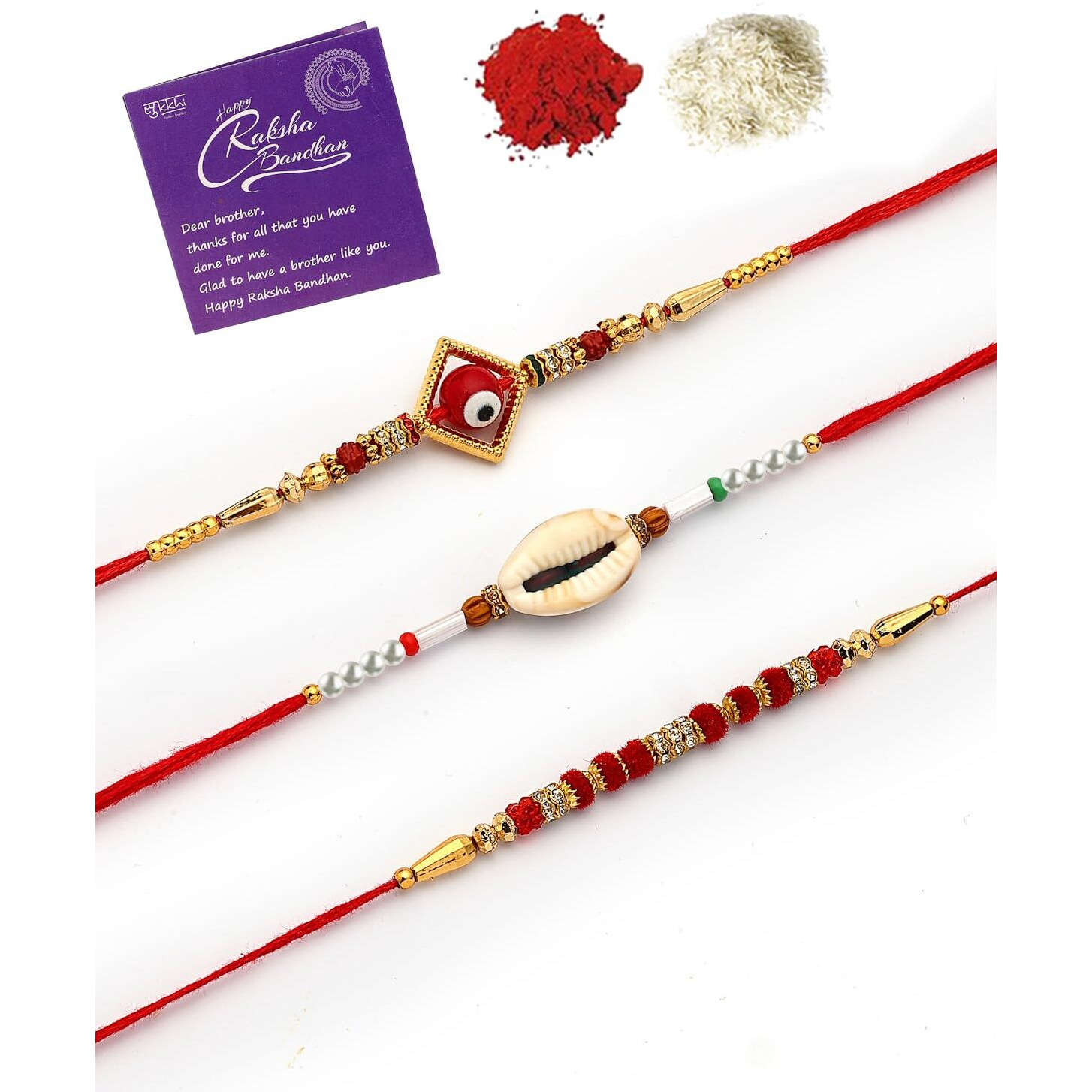 Sukkhi Rakhi Unique Design With Gold Plated Pearls Combo Rakhi For Brother With Roli Chawal & Free Greeting Card|Set Of 3|Cbrak107448