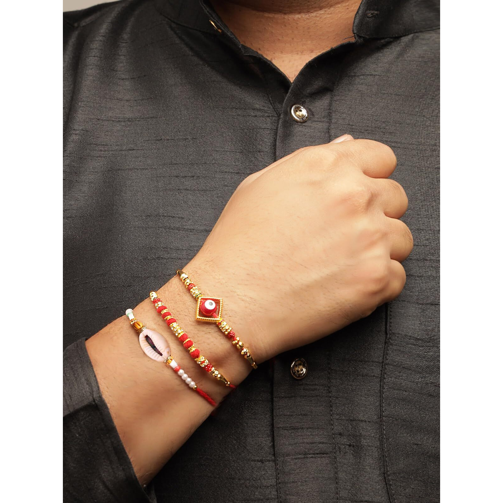 Sukkhi Rakhi Unique Design With Gold Plated Pearls Combo Rakhi For Brother With Roli Chawal & Free Greeting Card|Set Of 3|Cbrak107448
