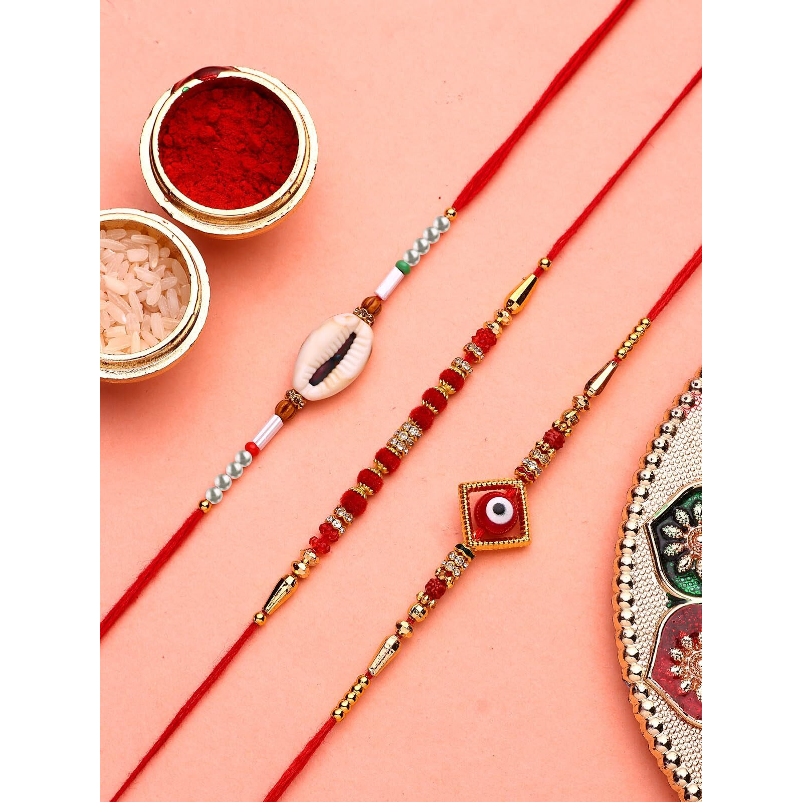 Sukkhi Rakhi Unique Design With Gold Plated Pearls Combo Rakhi For Brother With Roli Chawal & Free Greeting Card|Set Of 3|Cbrak107448