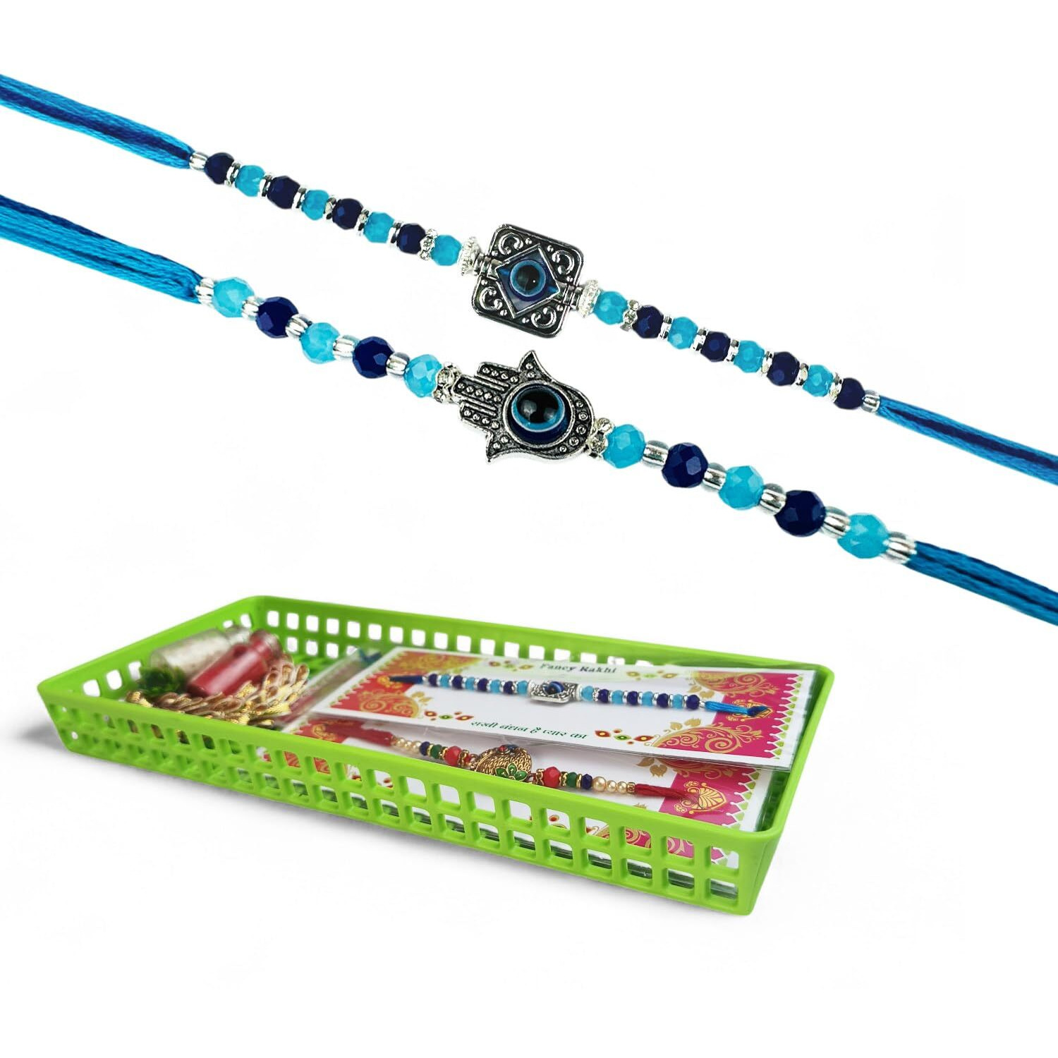 Go Hooked Set Of 2 Designer Rakhi For Bhaiya And Bhabhi With Roli Chawal Vials Greeting Card And Storage Tray | Raksha Bandhan Gift Combo Set | Beautiful Pearl Beads Aesthetic Rakhi For Brother (Gh03)