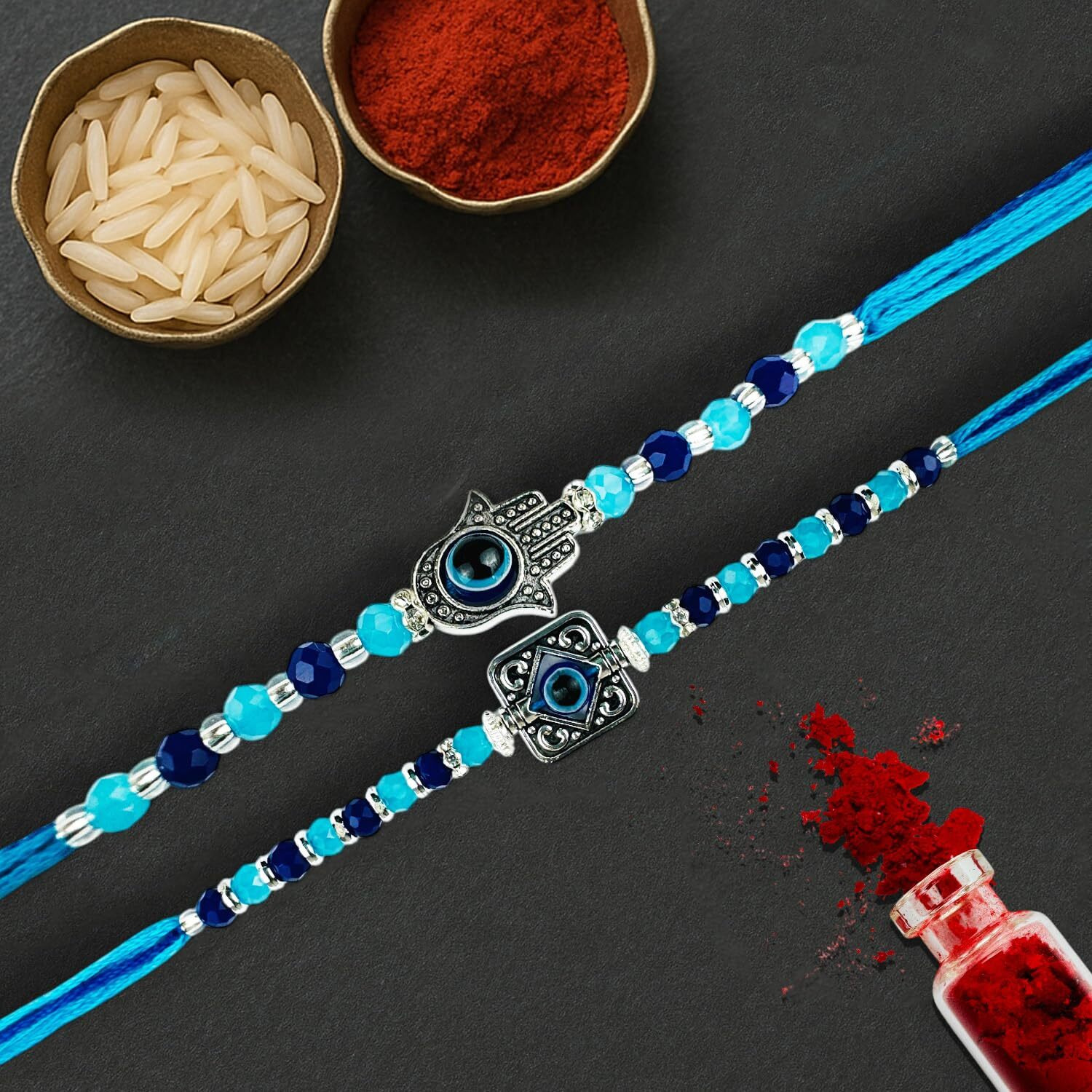 Go Hooked Set Of 2 Designer Rakhi For Bhaiya And Bhabhi With Roli Chawal Vials Greeting Card And Storage Tray | Raksha Bandhan Gift Combo Set | Beautiful Pearl Beads Aesthetic Rakhi For Brother (Gh03)