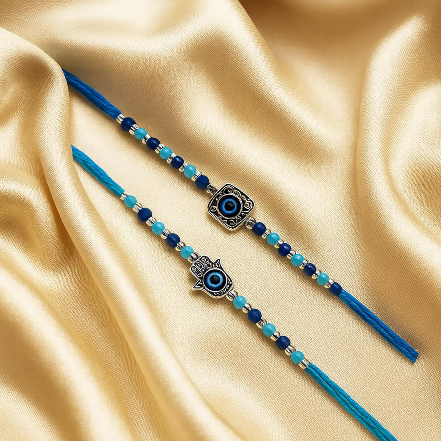 Go Hooked Set Of 2 Designer Rakhi For Bhaiya And Bhabhi With Roli Chawal Vials Greeting Card And Storage Tray | Raksha Bandhan Gift Combo Set | Beautiful Pearl Beads Aesthetic Rakhi For Brother (Gh03)
