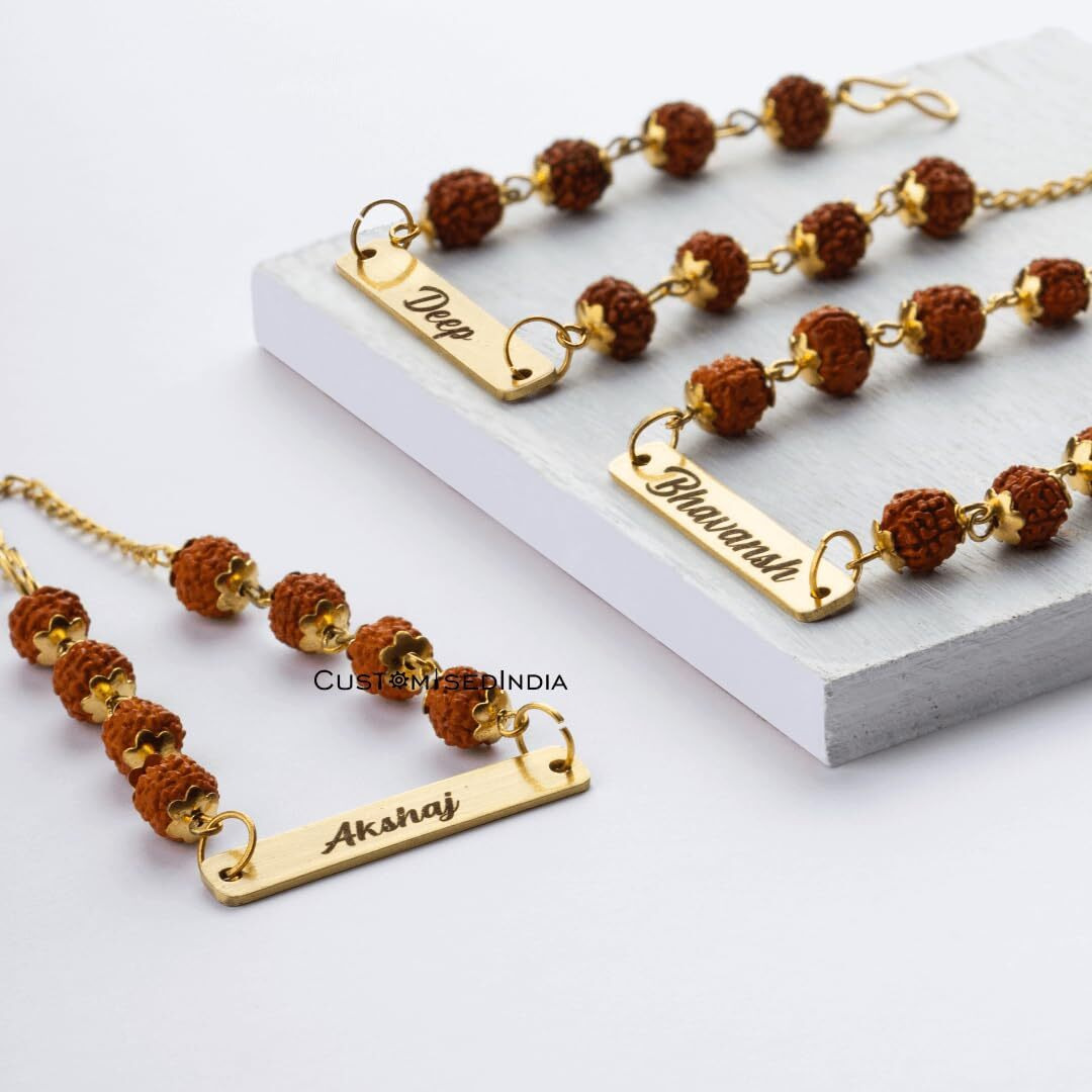 Customised India Customized Name Rakhi For Brother| Rakshabandhan Metal Name Rudraksha Bracelet | Metal Personalized Stylish Rakhi
