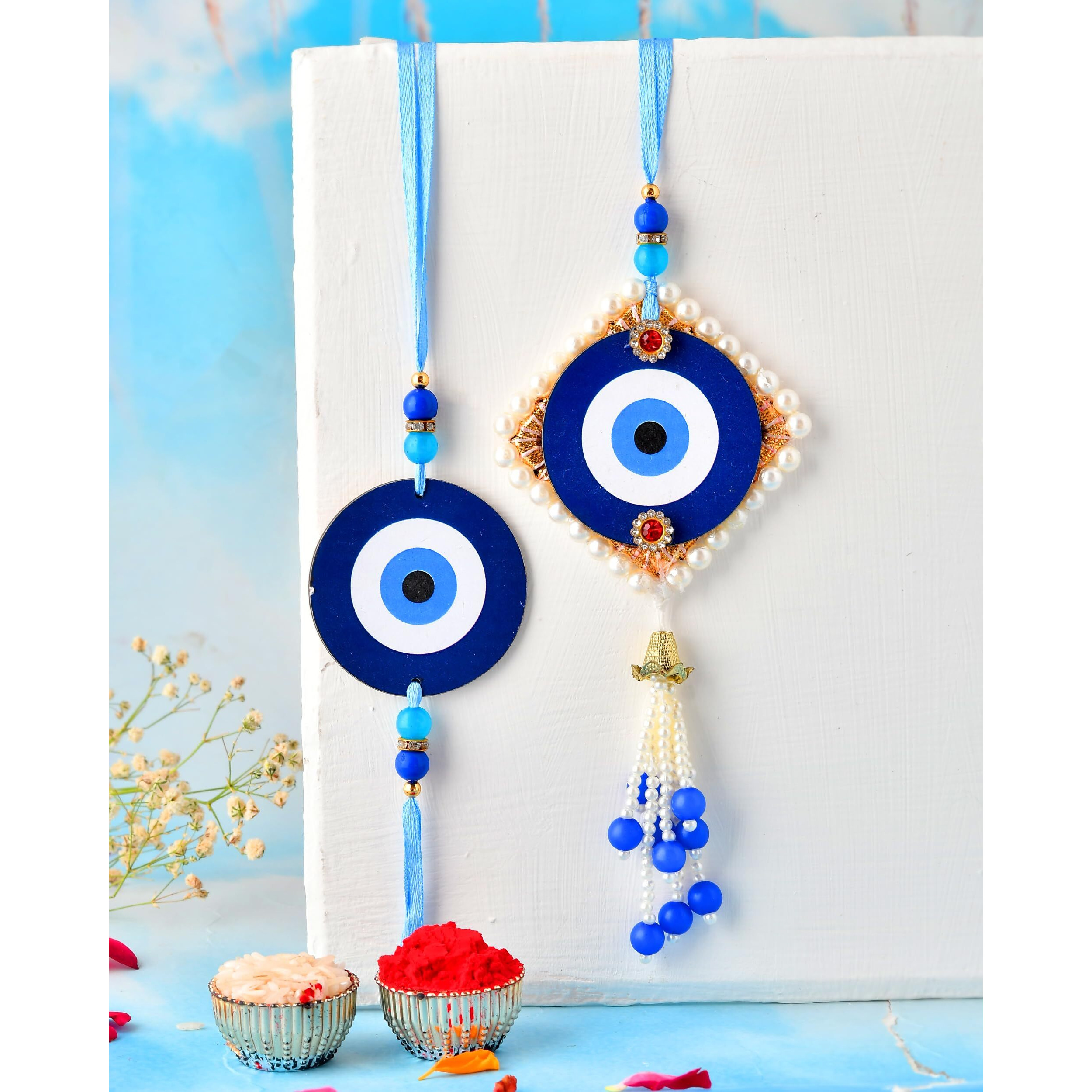 Craftvatika Evil Eye Design Rakhi For Brother, Bhaiya, Bhabhi Rakhis Set Of 2, Evil Eye Lumba Rakhi For Bhabhi, Rakshabandhan Couple