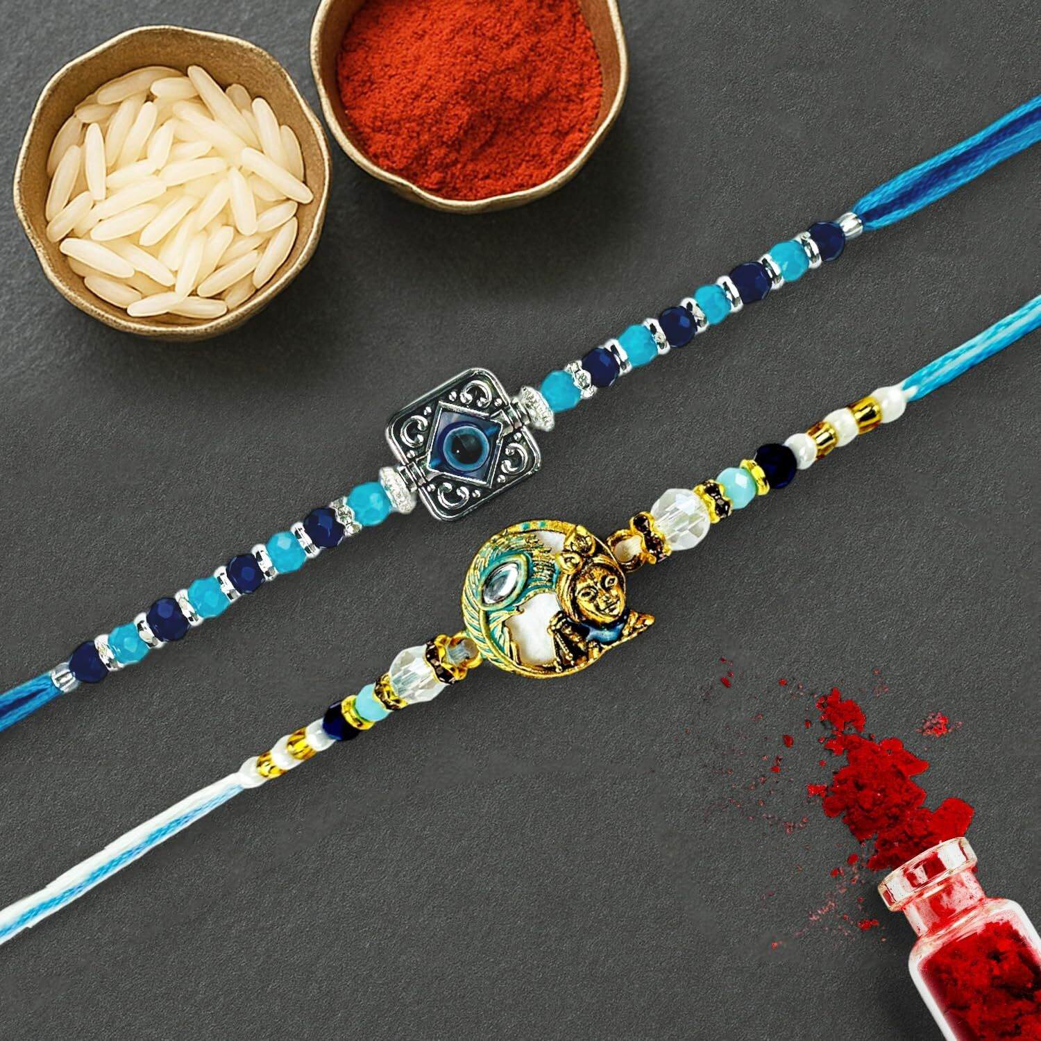 Go Hooked Set Of 2 Designer Rakhi For Bhaiya And Bhabhi With Roli Chawal Vials Greeting Card And Storage Tray | Raksha Bandhan Gift Combo Set | Beautiful Pearl Beads Aesthetic Rakhi For Brother (Gh05)