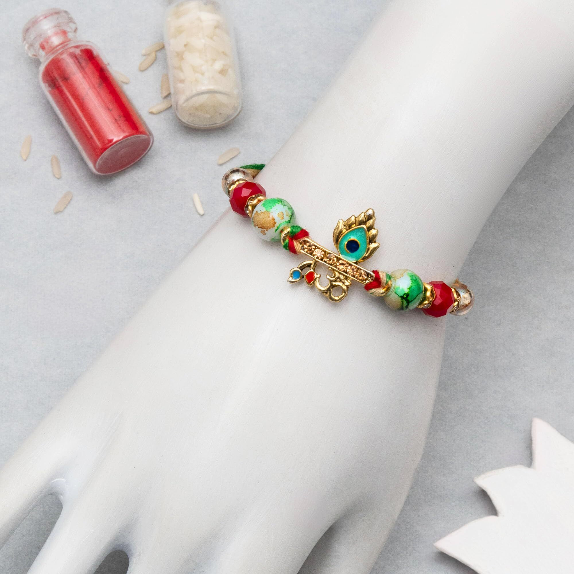 To The Nines Elegant Golden Rakhi/Band For Beloved Brother With Tilak Material & Greeting Card