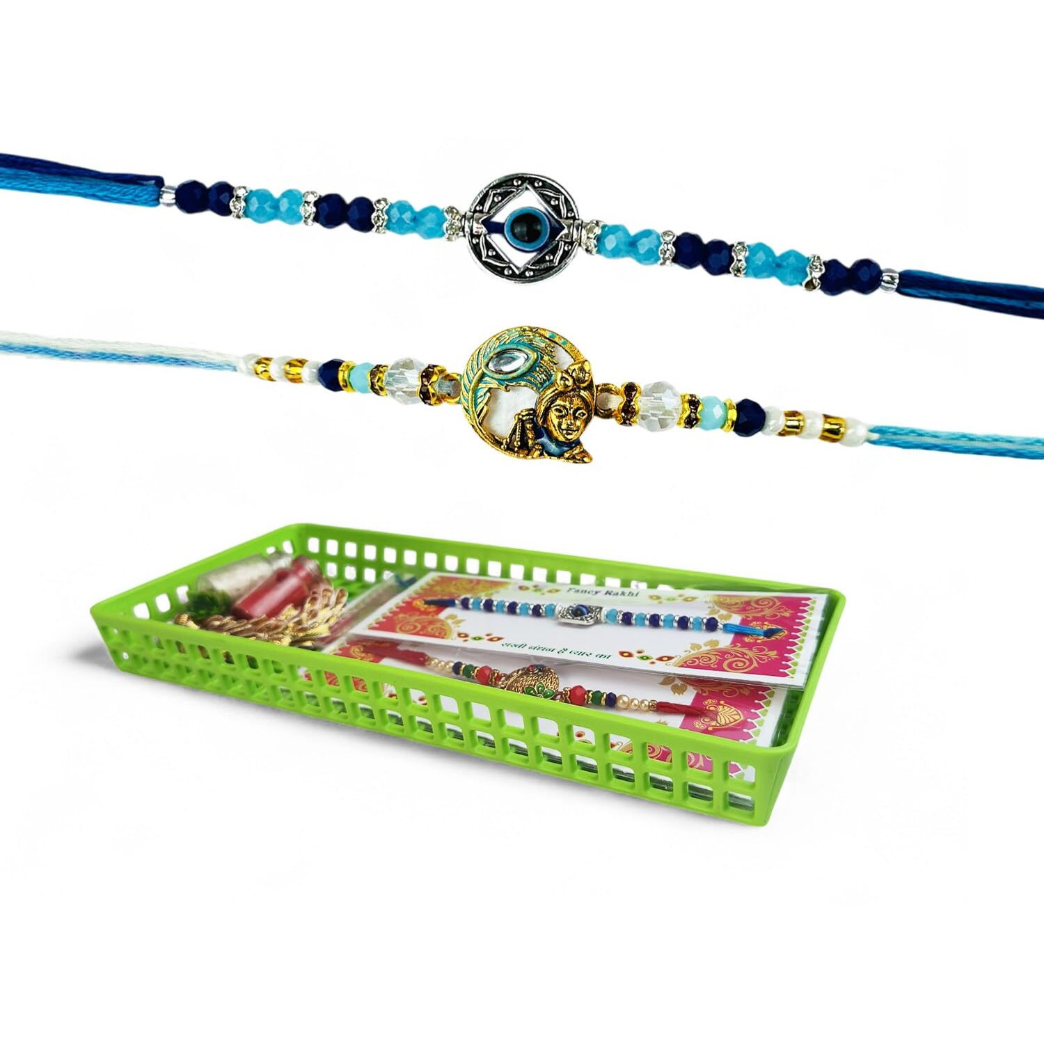 Go Hooked Set Of 2 Designer Rakhi For Bhaiya And Bhabhi With Roli Chawal Vials Greeting Card And Storage Tray | Raksha Bandhan Gift Combo Set | Beautiful Pearl Beads Aesthetic Rakhi For Brother (Gh06)