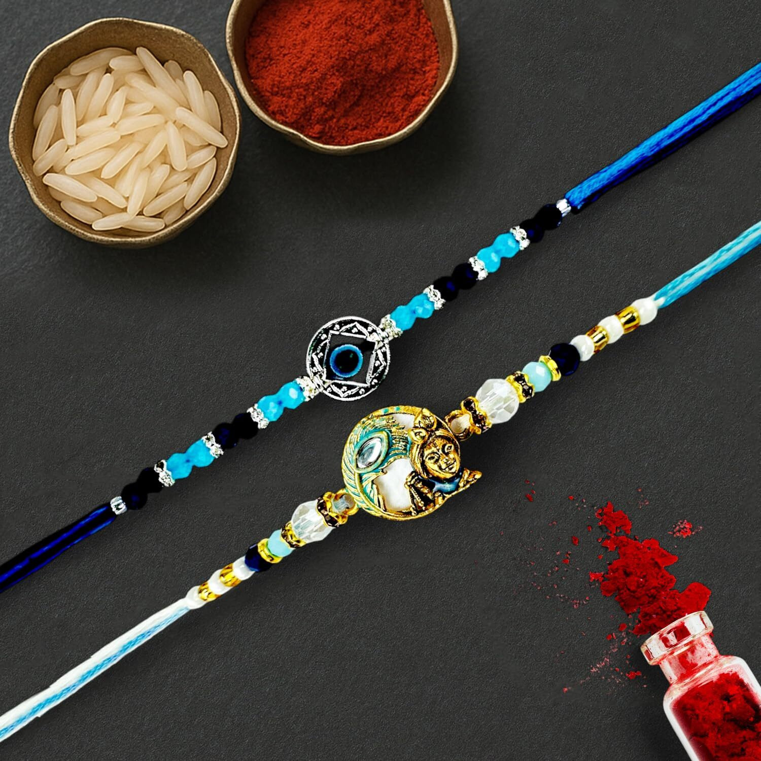 Go Hooked Set Of 2 Designer Rakhi For Bhaiya And Bhabhi With Roli Chawal Vials Greeting Card And Storage Tray | Raksha Bandhan Gift Combo Set | Beautiful Pearl Beads Aesthetic Rakhi For Brother (Gh06)
