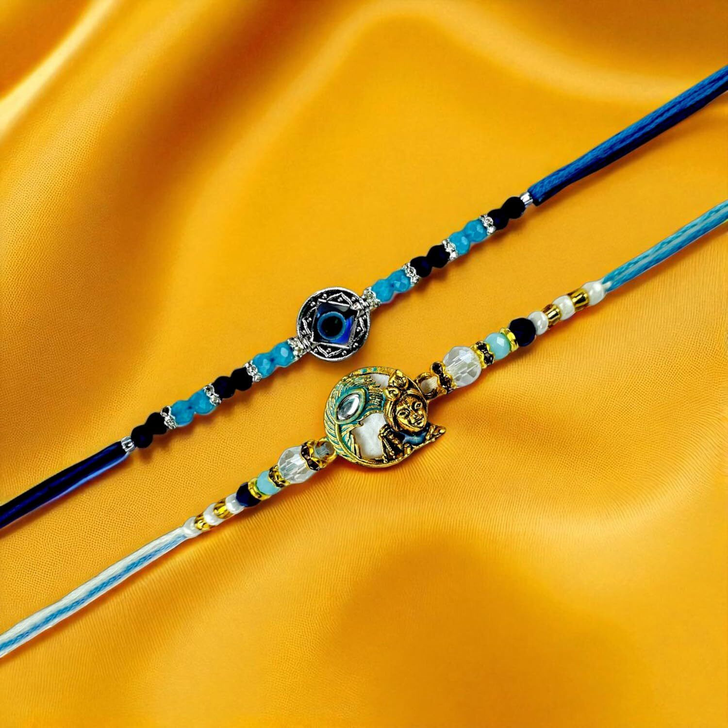 Go Hooked Set Of 2 Designer Rakhi For Bhaiya And Bhabhi With Roli Chawal Vials Greeting Card And Storage Tray | Raksha Bandhan Gift Combo Set | Beautiful Pearl Beads Aesthetic Rakhi For Brother (Gh06)