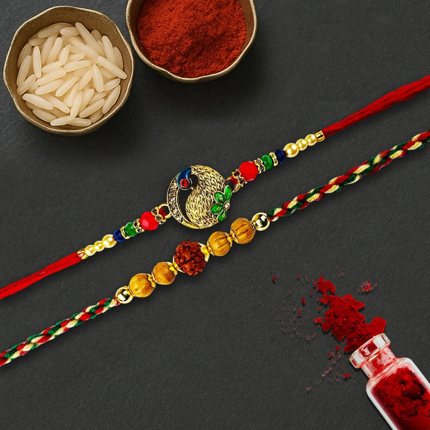 Go Hooked Set Of 2 Designer Rakhi For Bhaiya And Bhabhi With Roli Chawal Vials Greeting Card And Storage Tray | Raksha Bandhan Gift Combo Set | Beautiful Pearl Beads Aesthetic Rakhi For Brother (Gh07)