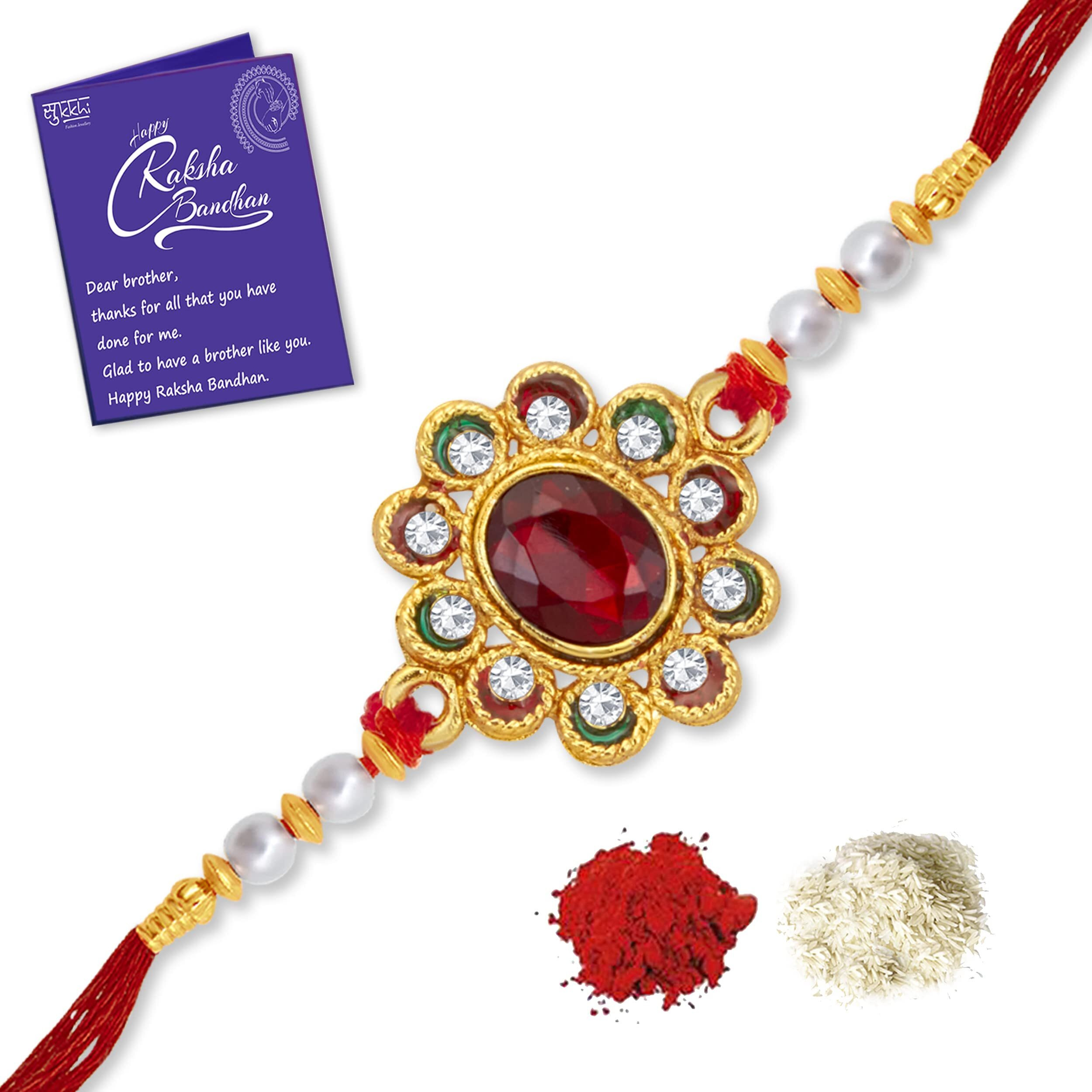 Sukkhi Rakhi Intricate Kundan Designer Gold Plated Premium Rakhi For Brother With Roli Chawal & Greeting Card | Rakhi For Bhaiya | Rakhi For Men | Kundan Rakhi | (Rak104476)
