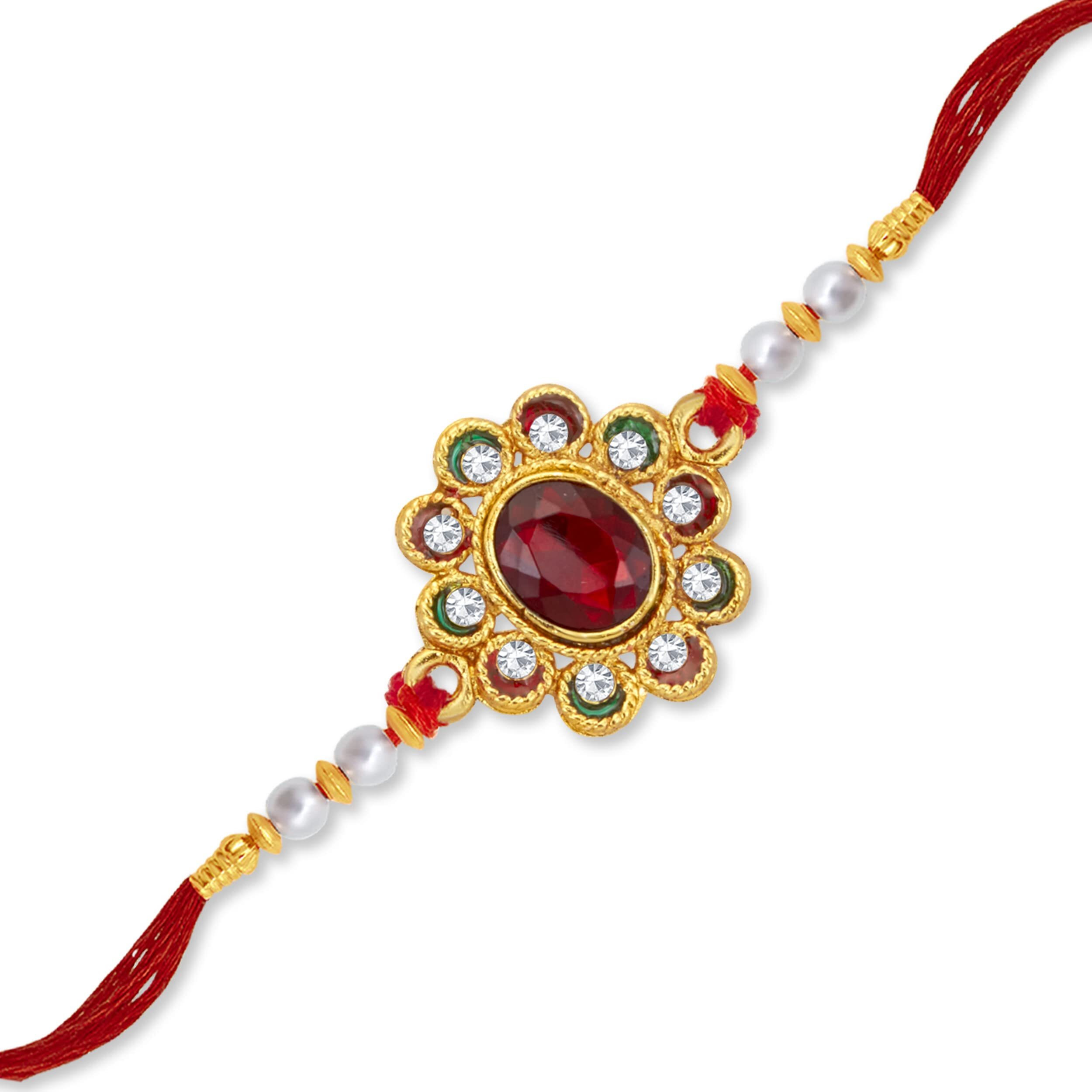 Sukkhi Rakhi Intricate Kundan Designer Gold Plated Premium Rakhi For Brother With Roli Chawal & Greeting Card | Rakhi For Bhaiya | Rakhi For Men | Kundan Rakhi | (Rak104476)