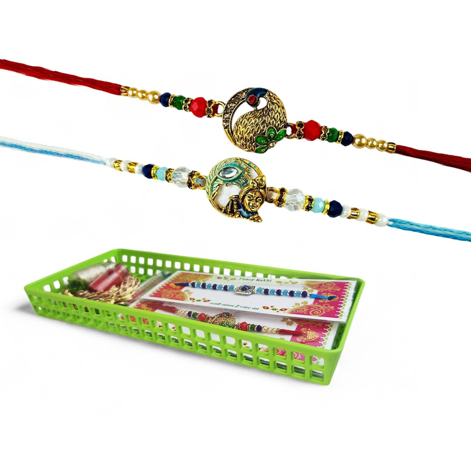 Go Hooked Set Of 2 Designer Rakhi For Bhaiya And Bhabhi With Roli Chawal Vials Greeting Card And Storage Tray | Raksha Bandhan Gift Combo Set | Beautiful Pearl Beads Aesthetic Rakhi For Brother (Gh08)