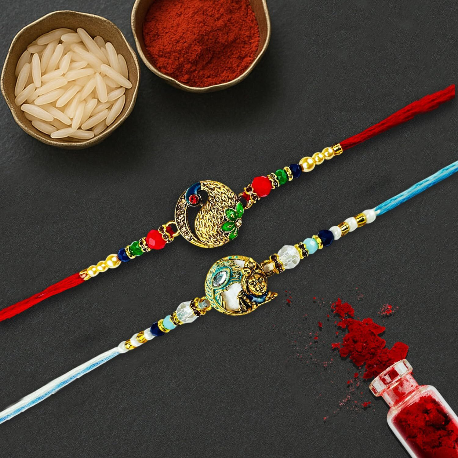Go Hooked Set Of 2 Designer Rakhi For Bhaiya And Bhabhi With Roli Chawal Vials Greeting Card And Storage Tray | Raksha Bandhan Gift Combo Set | Beautiful Pearl Beads Aesthetic Rakhi For Brother (Gh08)