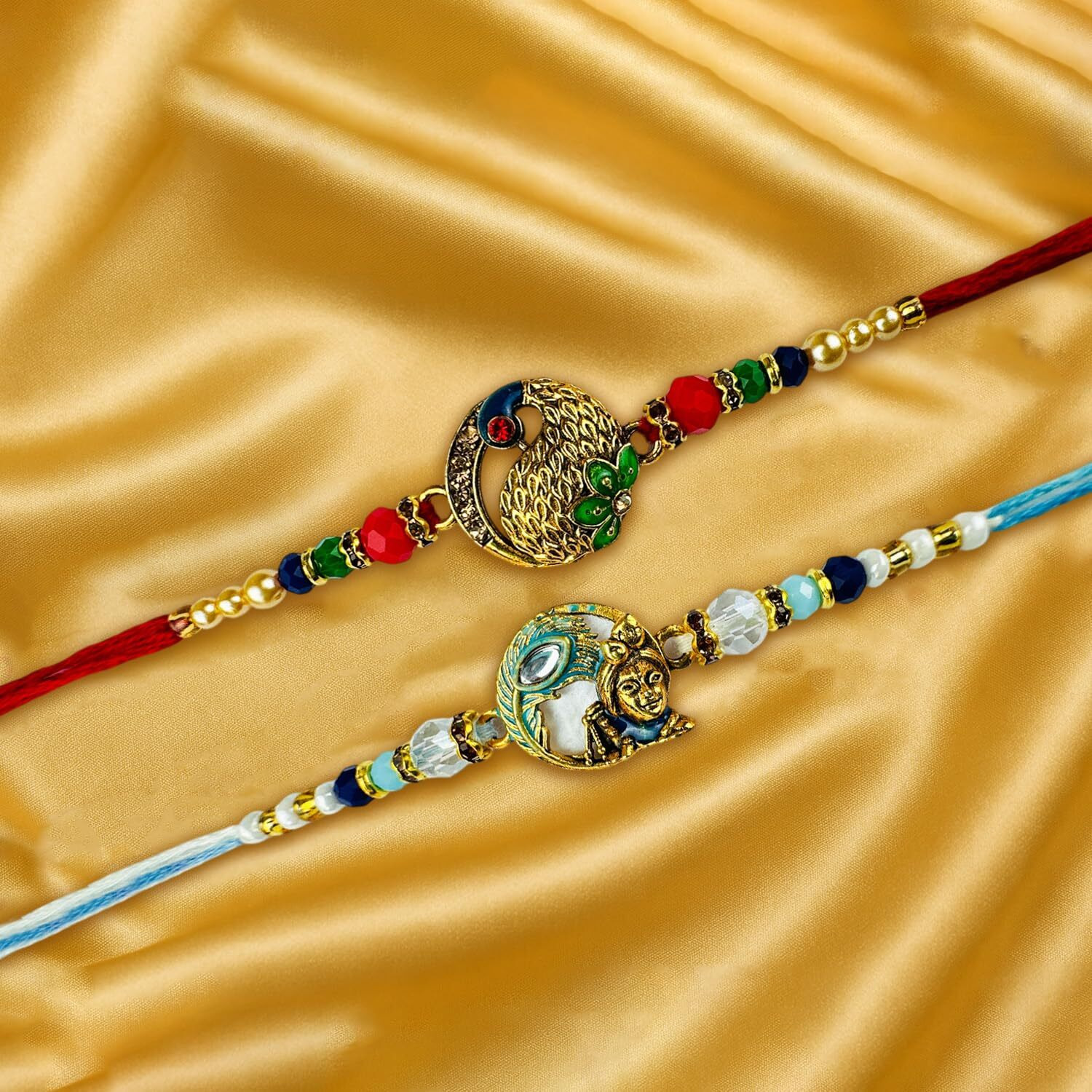Go Hooked Set Of 2 Designer Rakhi For Bhaiya And Bhabhi With Roli Chawal Vials Greeting Card And Storage Tray | Raksha Bandhan Gift Combo Set | Beautiful Pearl Beads Aesthetic Rakhi For Brother (Gh08)
