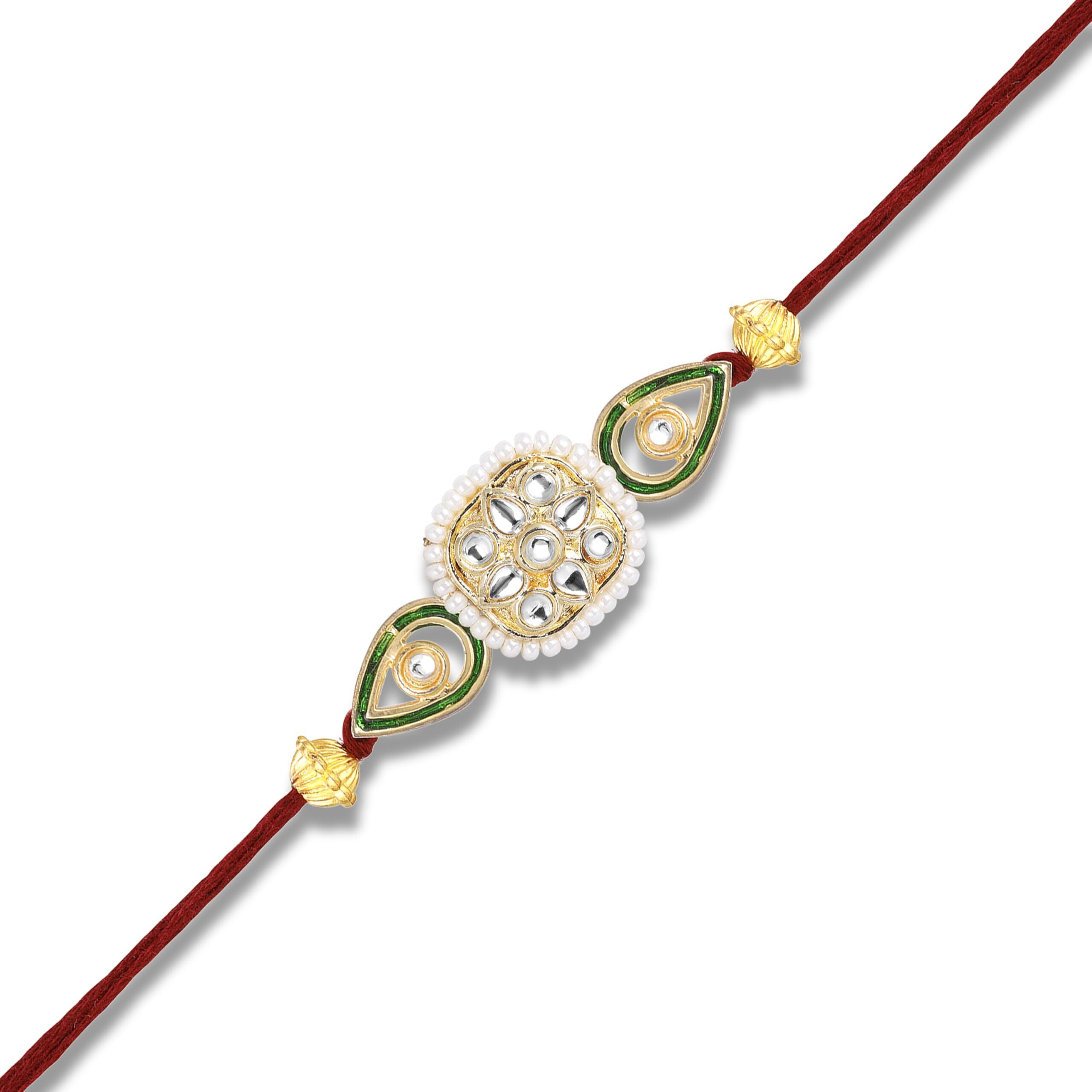Mahi Traditional Kundan Rakhi For Brother | Square Floral With Green Enamel & Red Thread (Ra1100828G)
