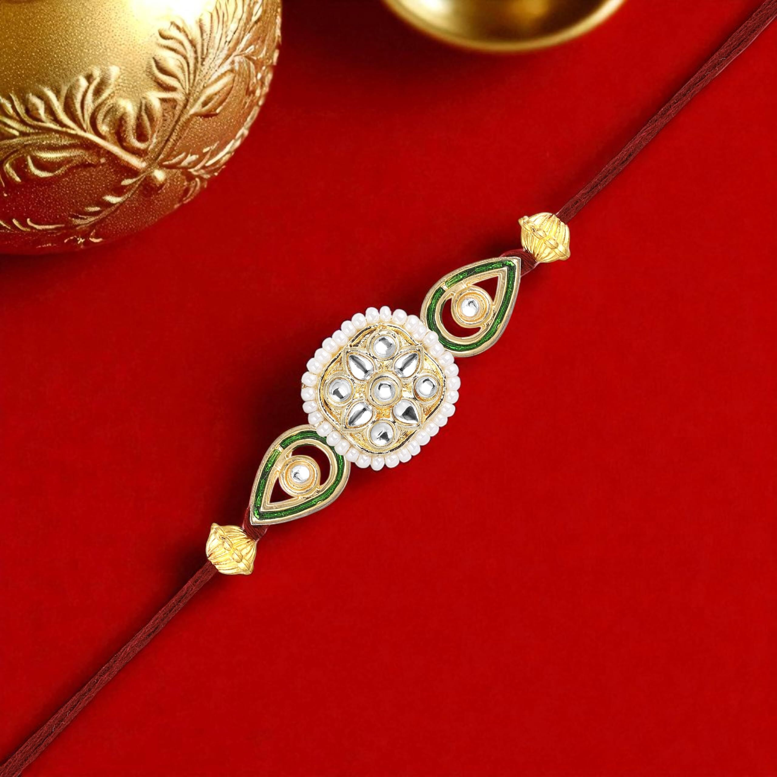 Mahi Traditional Kundan Rakhi For Brother | Square Floral With Green Enamel & Red Thread (Ra1100828G)
