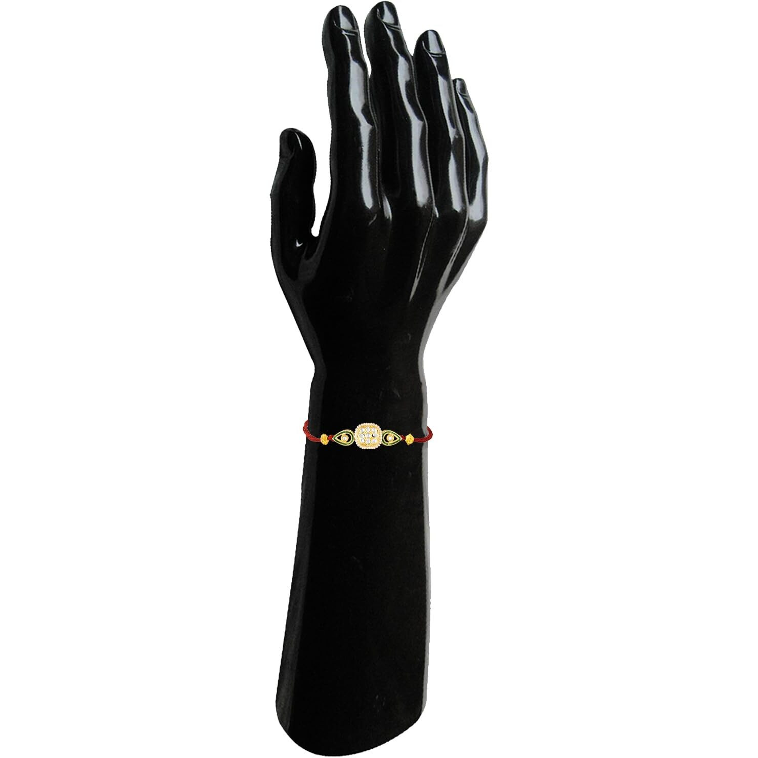 Mahi Traditional Kundan Rakhi For Brother | Square Floral With Green Enamel & Red Thread (Ra1100828G)