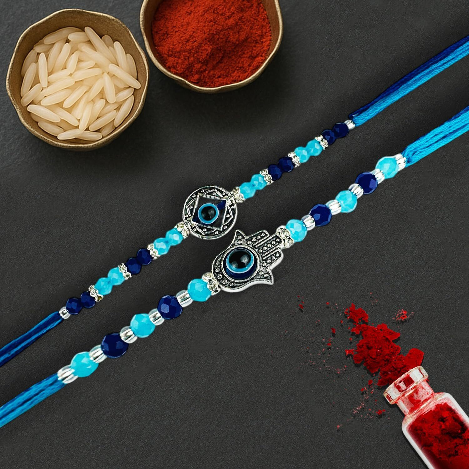 Go Hooked Set Of 2 Designer Rakhi For Bhaiya And Bhabhi With Roli Chawal Vials Greeting Card And Storage Tray | Raksha Bandhan Gift Combo Set | Beautiful Pearl Beads Aesthetic Rakhi For Brother (Gh02)