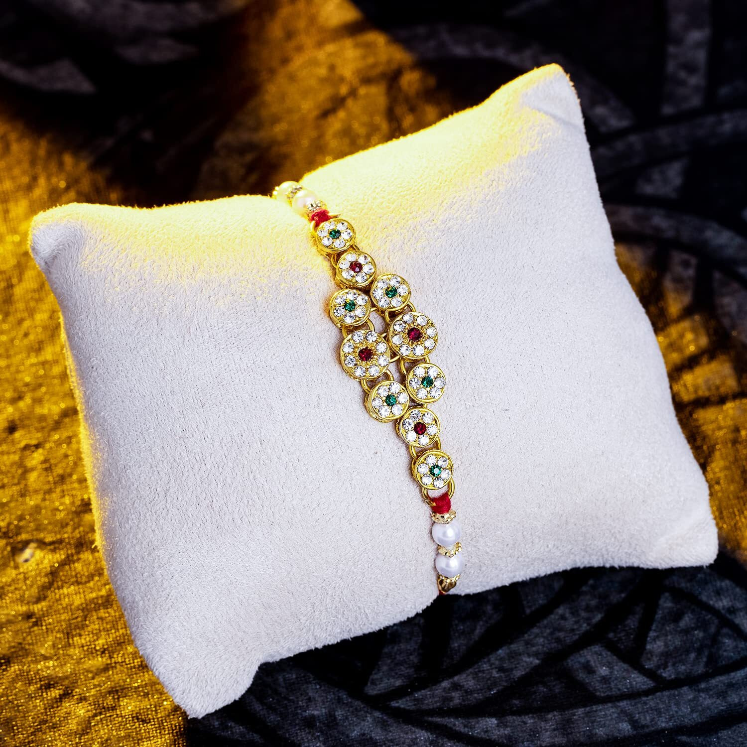 Sukkhi Delightful Kundan Designer Gold Plated Premium Rakhi For Brother With Roli Chawal & Greeting Card | (Rak104487)