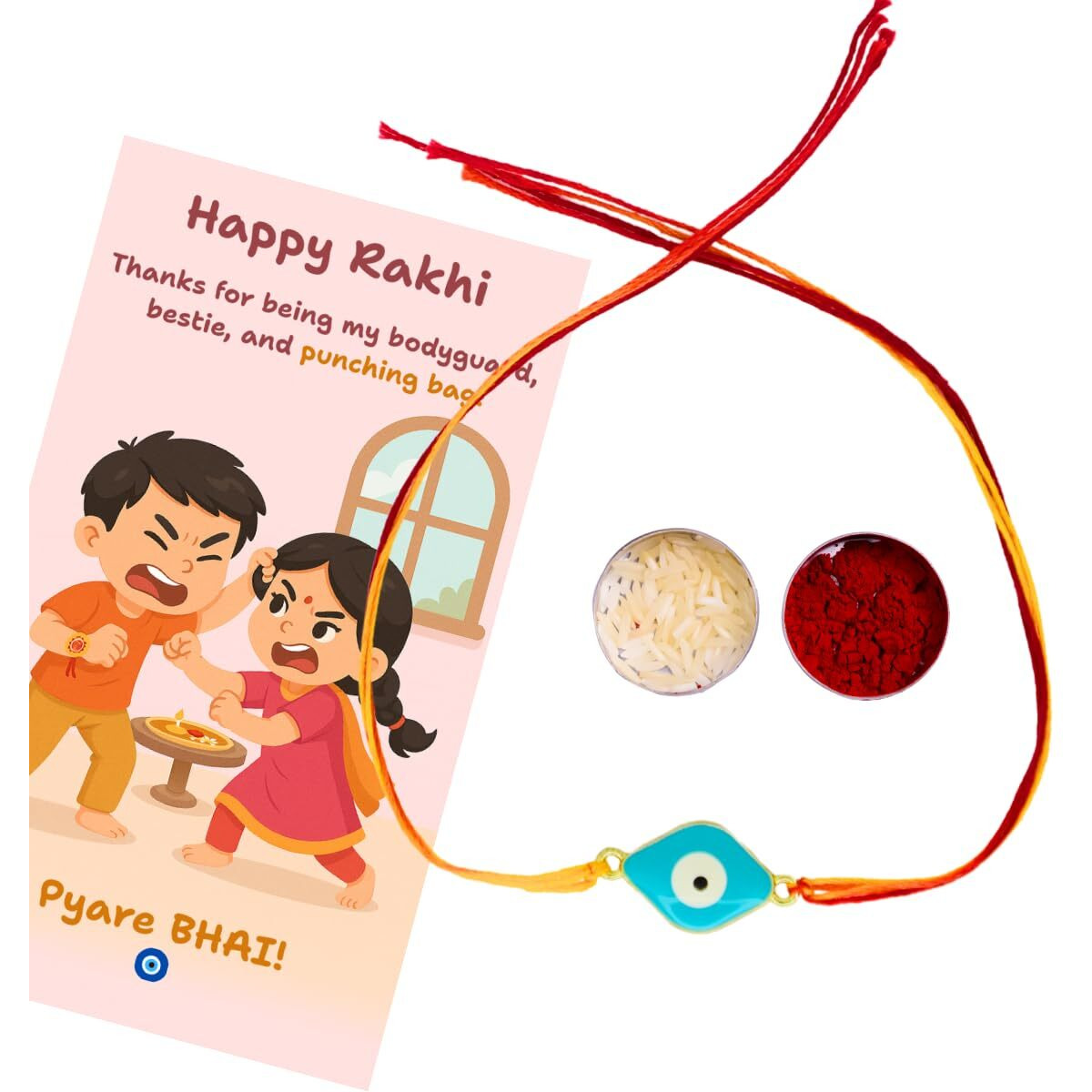 Jwella Evil Eye Rakhi With Quirky Raksha Bandhan Card, Roli & Chawal | Rakhi Combo With Fun Card