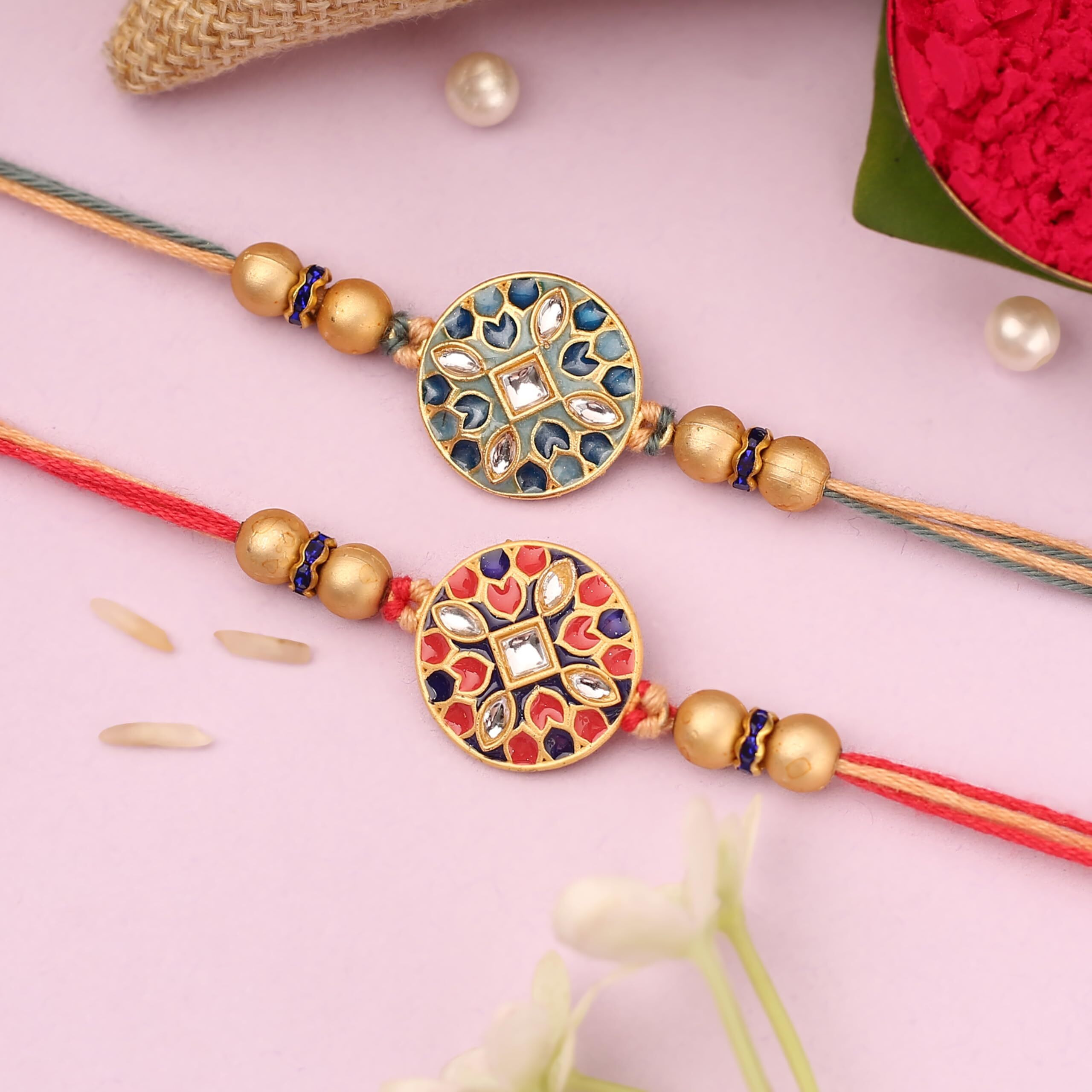 The Purple Tree Red And Blue Floral Kundan Rakhi For Bhai (Pack Of 2), Handmade Rakhi For Brother, Rakshabandhan Gift For Bhai, Best Rakhi For Bhaiya