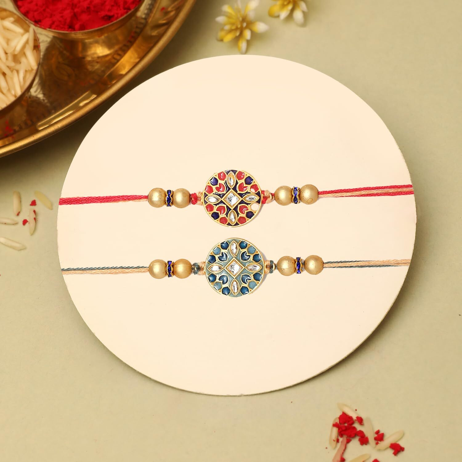 The Purple Tree Red And Blue Floral Kundan Rakhi For Bhai (Pack Of 2), Handmade Rakhi For Brother, Rakshabandhan Gift For Bhai, Best Rakhi For Bhaiya