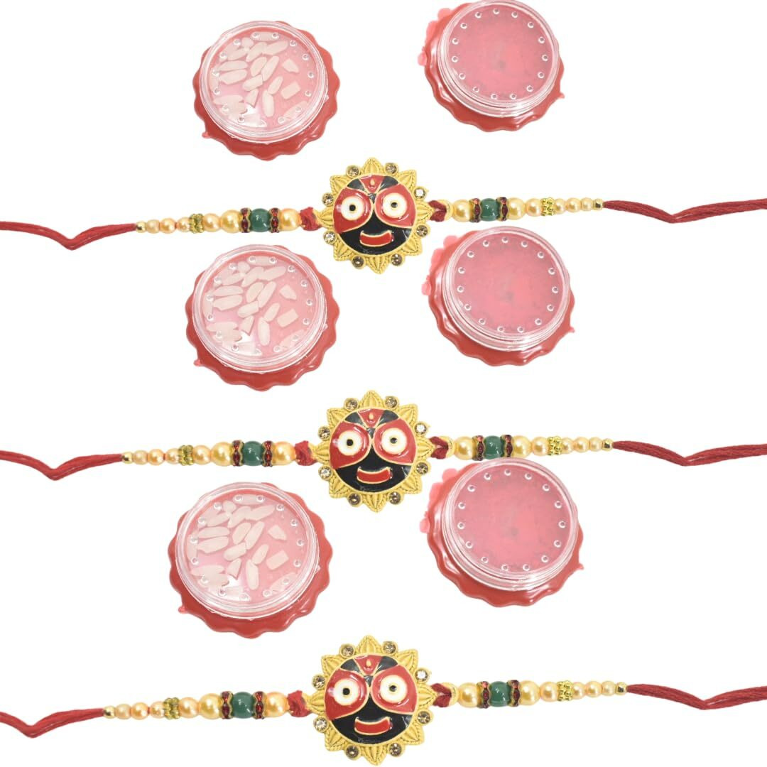 Jagannath World Jagannath Rakhi With Sindoor And Rice For Brother | Traditional Raksha Bandhan Pooja Set | Handmade Kit,Pack Of 3