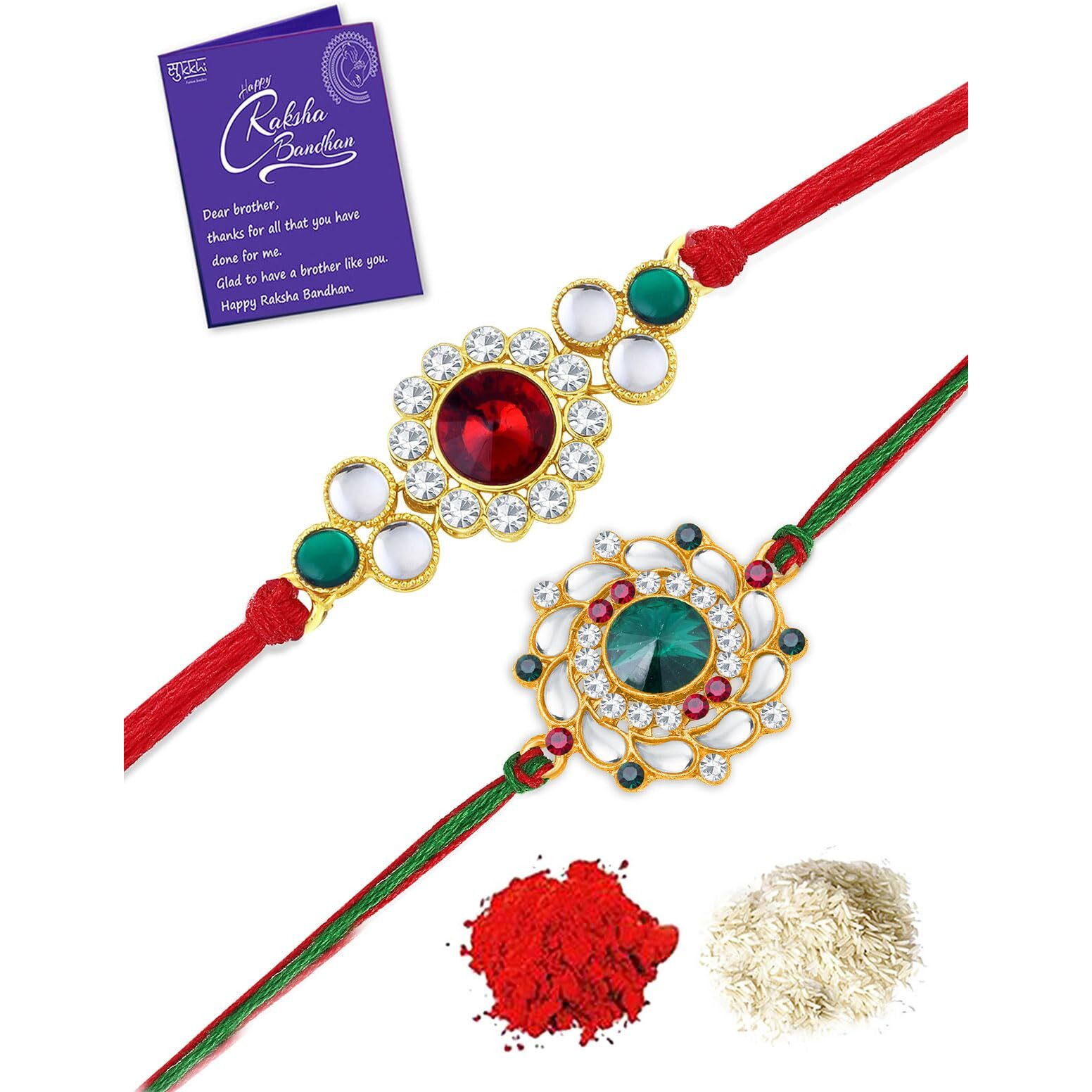 Sukkhi Rakhi Attractive Kundan Rakhi Combo & Designer Gold Plated Premium Rakhi For Brother, Roli Chawal & Greeting Card|Rakhi For Bhaiya|Rakhi For Men|Kundan Rakhi|Rakhi Combo-Set Of 2 |Cbrak105020
