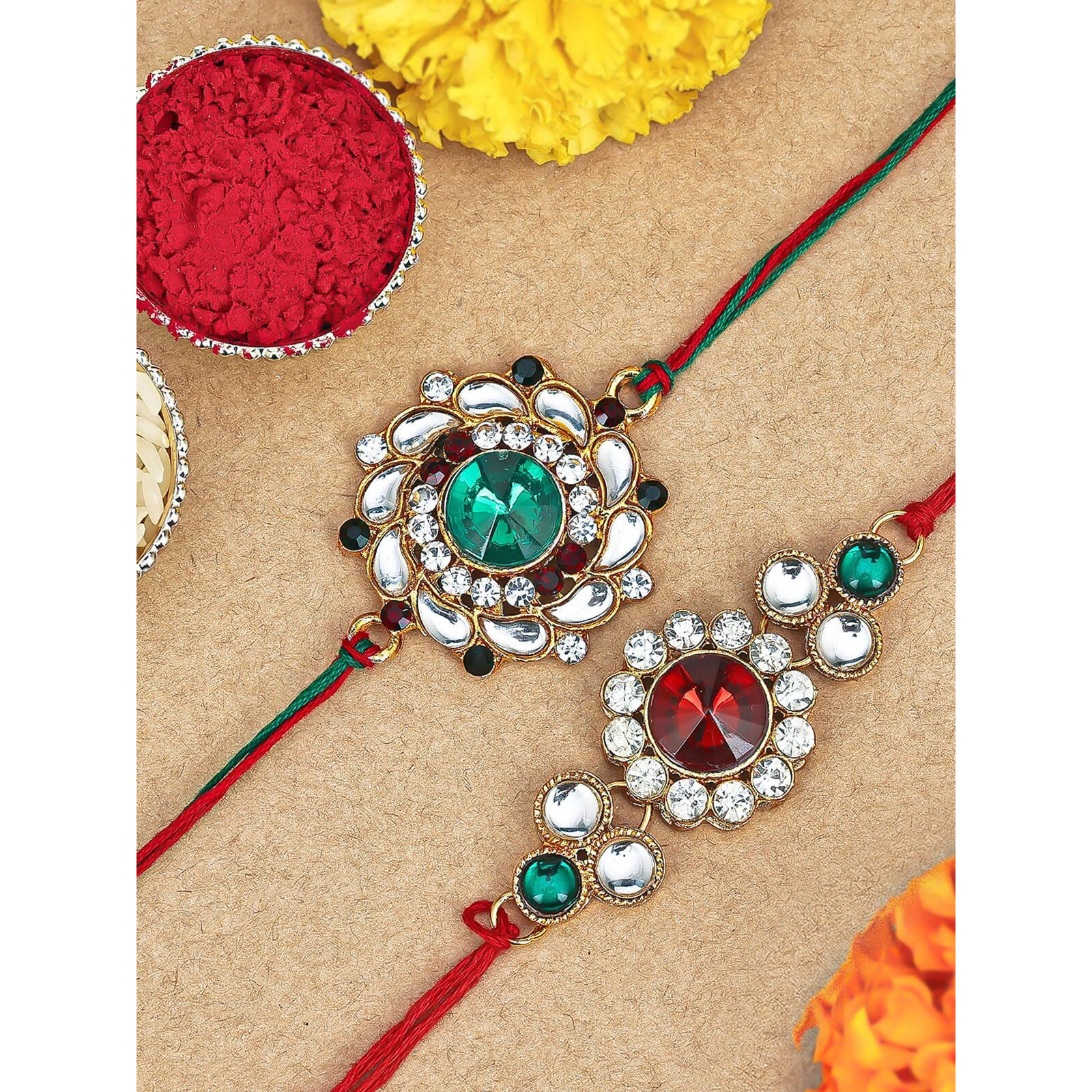 Sukkhi Rakhi Attractive Kundan Rakhi Combo & Designer Gold Plated Premium Rakhi For Brother, Roli Chawal & Greeting Card|Rakhi For Bhaiya|Rakhi For Men|Kundan Rakhi|Rakhi Combo-Set Of 2 |Cbrak105020