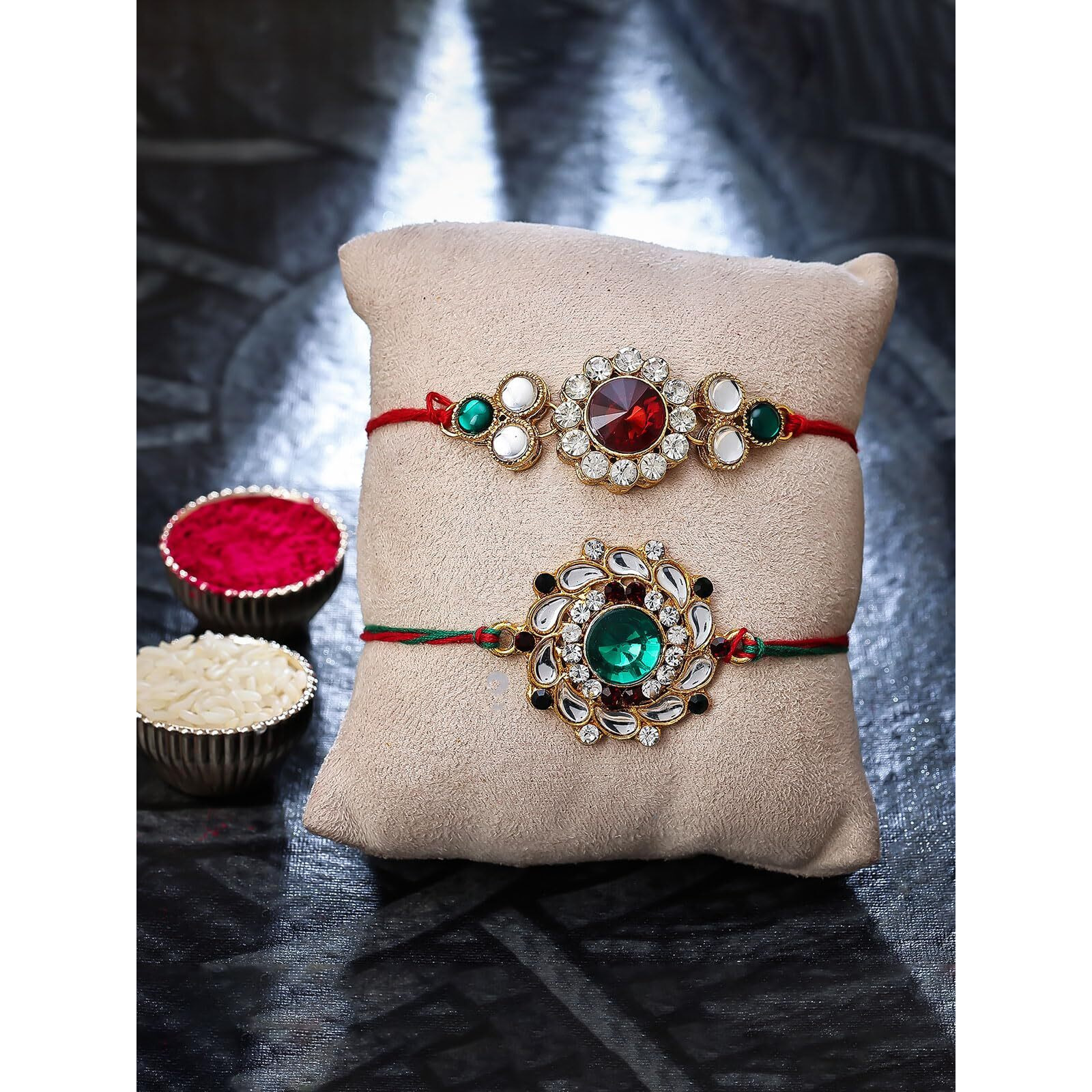 Sukkhi Rakhi Attractive Kundan Rakhi Combo & Designer Gold Plated Premium Rakhi For Brother, Roli Chawal & Greeting Card|Rakhi For Bhaiya|Rakhi For Men|Kundan Rakhi|Rakhi Combo-Set Of 2 |Cbrak105020