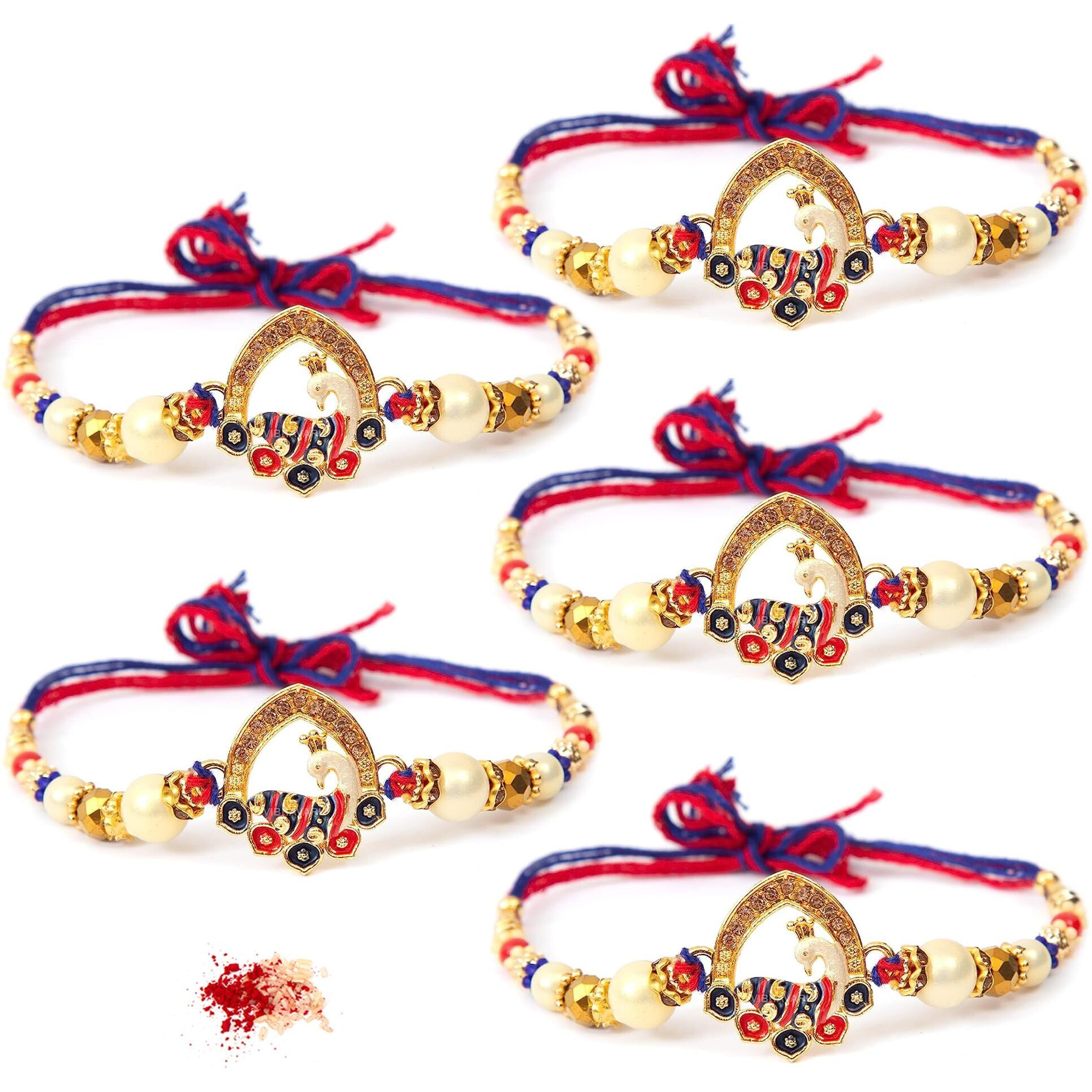 To The Nines Peacock Rakhi For Brother With Tilak Material & Greeting Card - Set Of 5 Rakhi