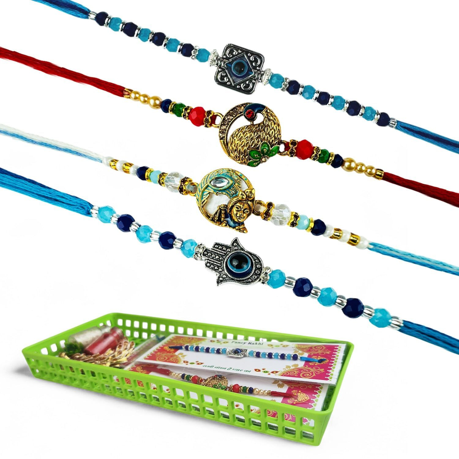 Go Hooked Set Of 4 Designer Rakhi For Bhaiya And Bhabhi With Roli Chawal Vials Greeting Card And Storage Tray | Raksha Bandhan Gift Combo Set | Beautiful Pearl Beads Aesthetic Rakhi For Brother