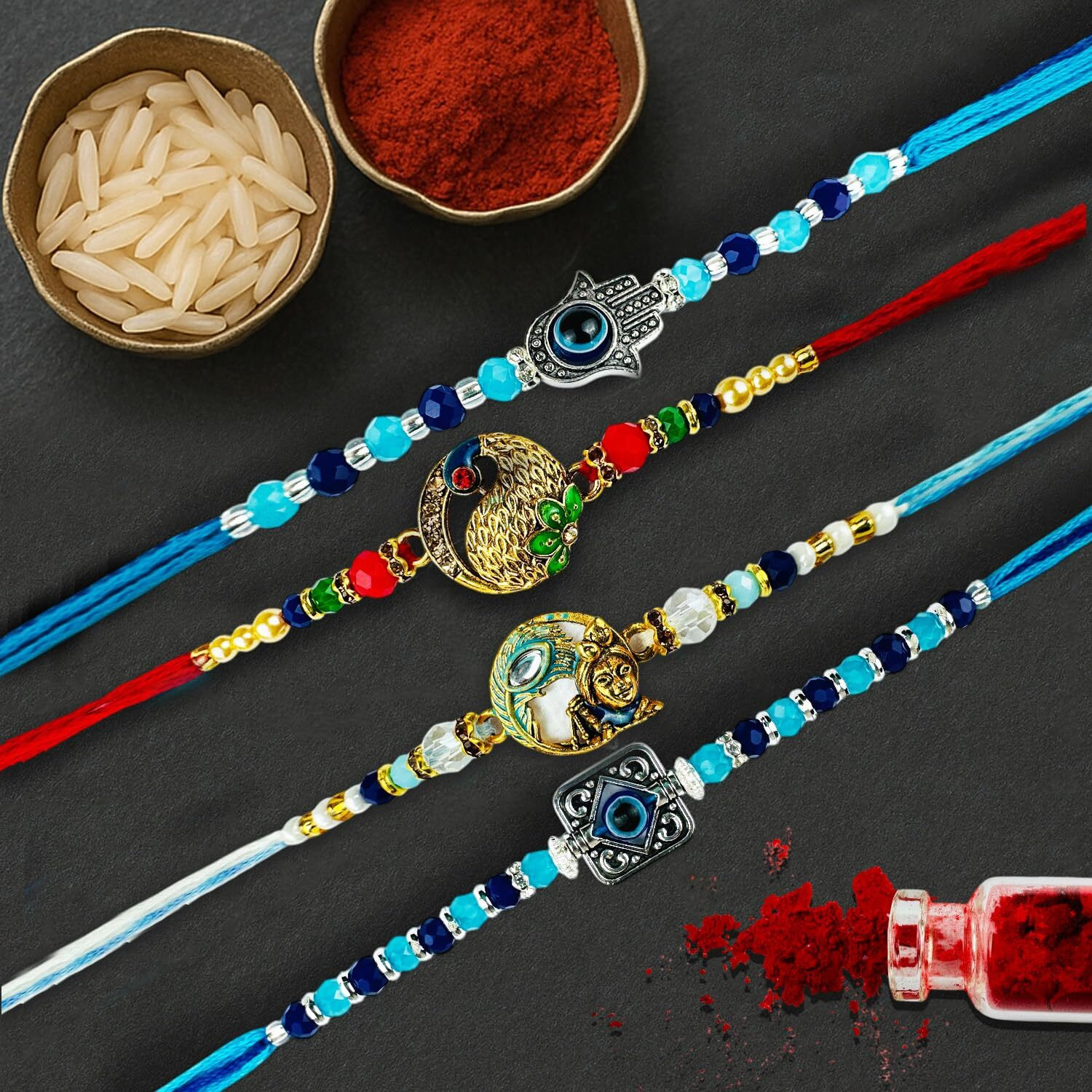Go Hooked Set Of 4 Designer Rakhi For Bhaiya And Bhabhi With Roli Chawal Vials Greeting Card And Storage Tray | Raksha Bandhan Gift Combo Set | Beautiful Pearl Beads Aesthetic Rakhi For Brother