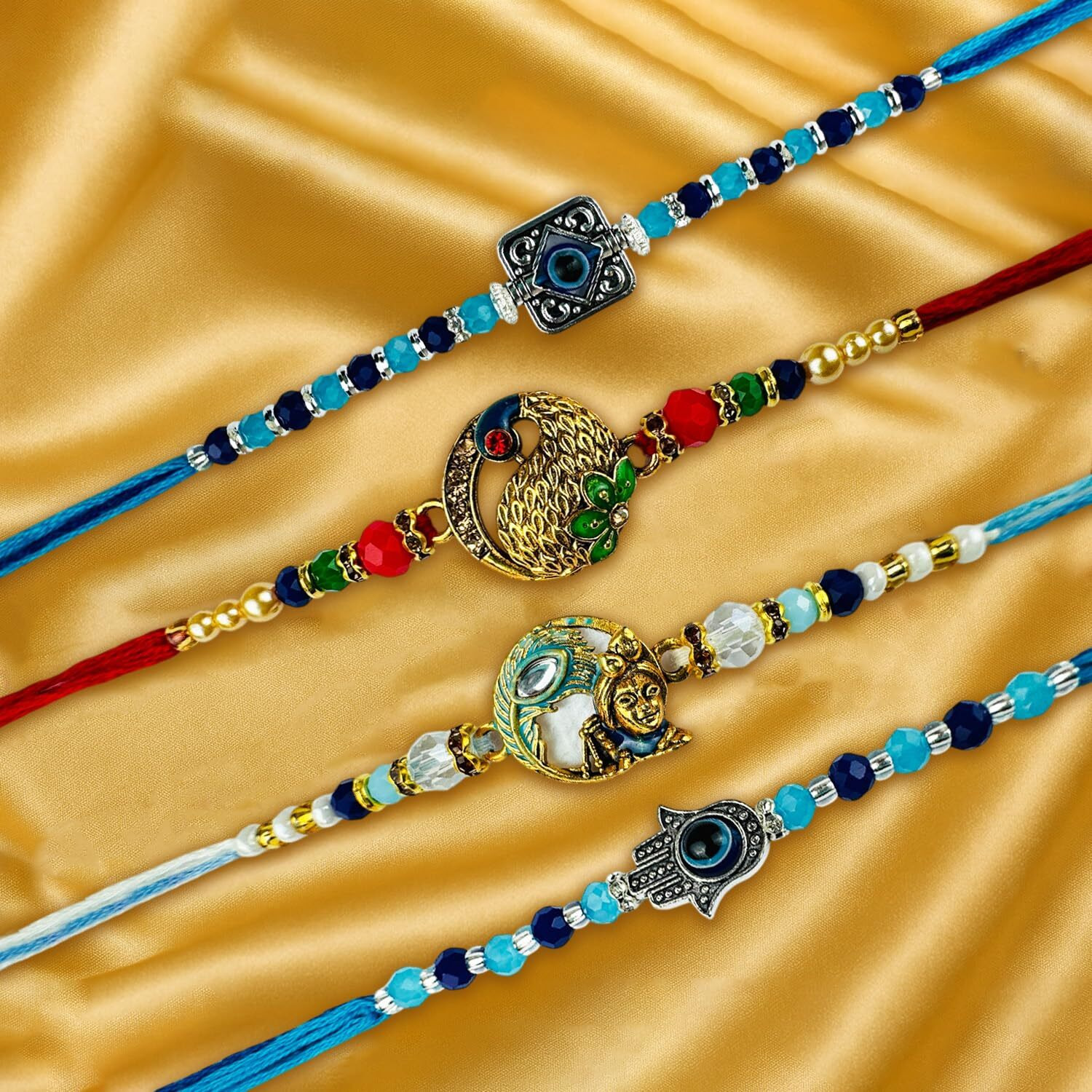 Go Hooked Set Of 4 Designer Rakhi For Bhaiya And Bhabhi With Roli Chawal Vials Greeting Card And Storage Tray | Raksha Bandhan Gift Combo Set | Beautiful Pearl Beads Aesthetic Rakhi For Brother