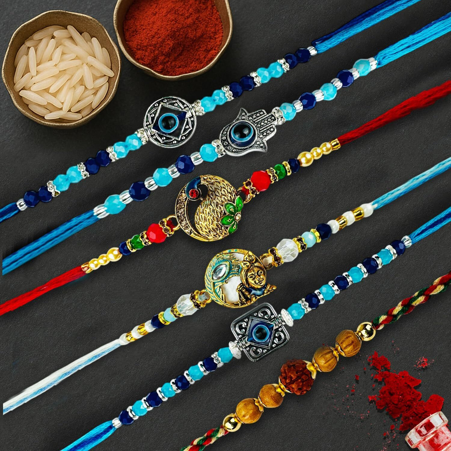 Go Hooked Set Of 6 Designer Rakhi For Bhaiya And Bhabhi With Roli Chawal Vials Greeting Card And Storage Tray | Raksha Bandhan Gift Combo Set | Beautiful Pearl Beads Aesthetic Rakhi For Brother