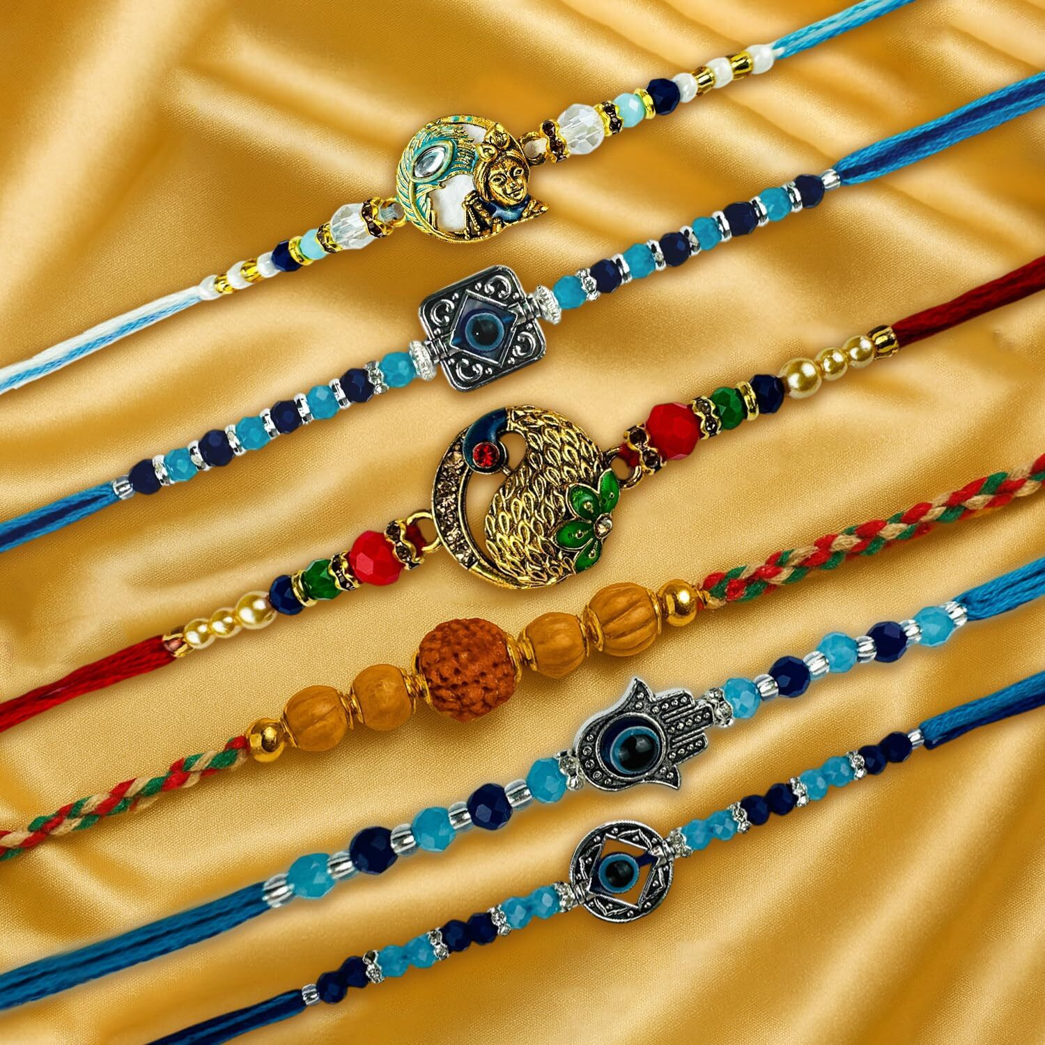 Go Hooked Set Of 6 Designer Rakhi For Bhaiya And Bhabhi With Roli Chawal Vials Greeting Card And Storage Tray | Raksha Bandhan Gift Combo Set | Beautiful Pearl Beads Aesthetic Rakhi For Brother