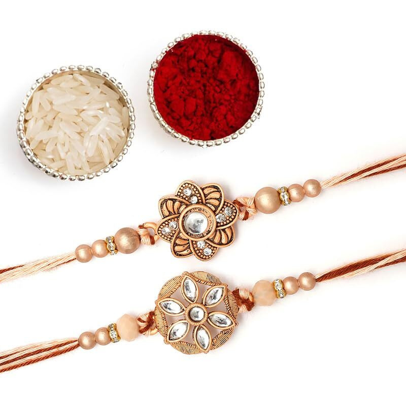 The Purple Tree Rose Gold Floral Kundan Rakhi For Bhai (Pack Of 2), Handmade Rakhi For Brother, Rakshabandhan Gift For Bhai, Best Rakhi For Bhaiya
