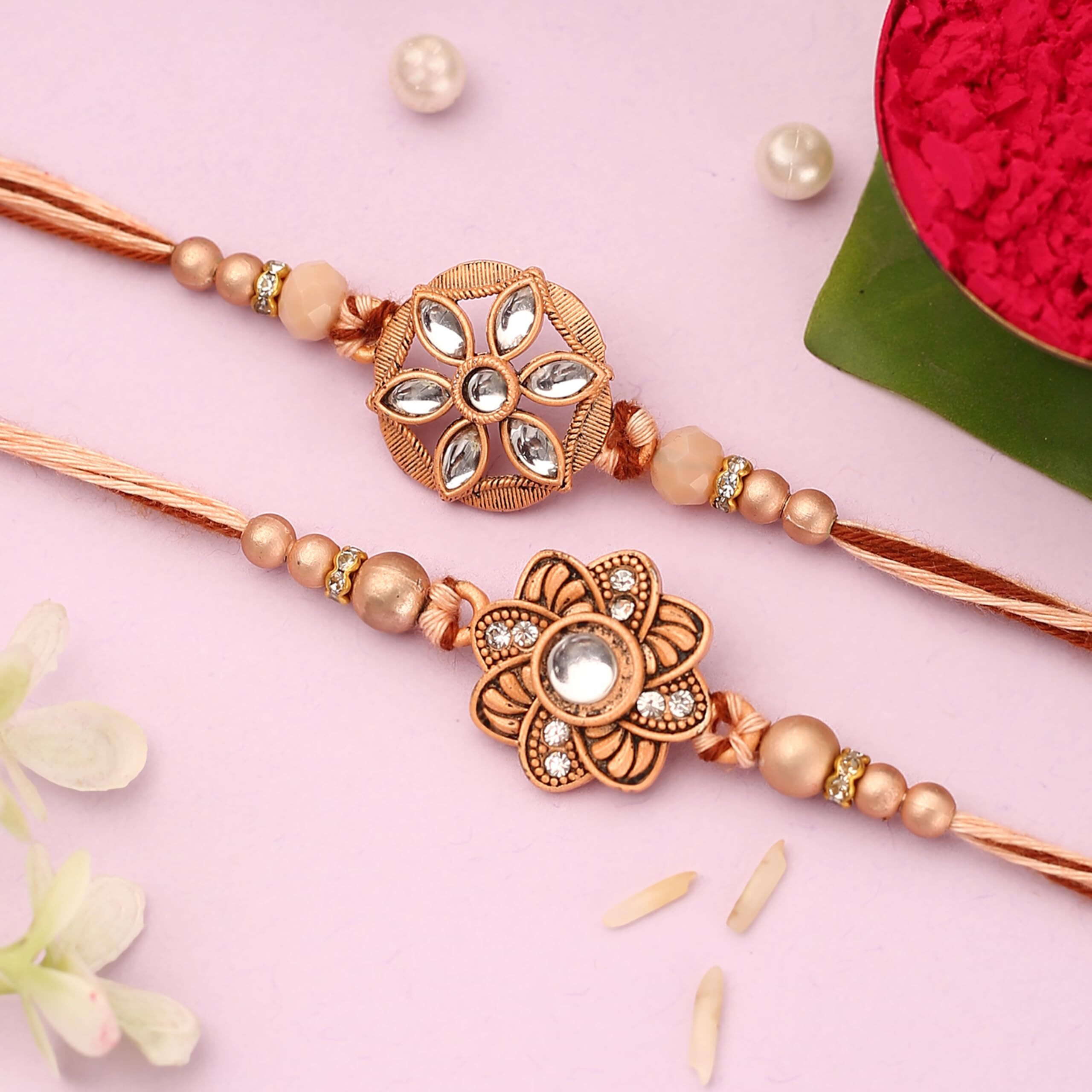 The Purple Tree Rose Gold Floral Kundan Rakhi For Bhai (Pack Of 2), Handmade Rakhi For Brother, Rakshabandhan Gift For Bhai, Best Rakhi For Bhaiya