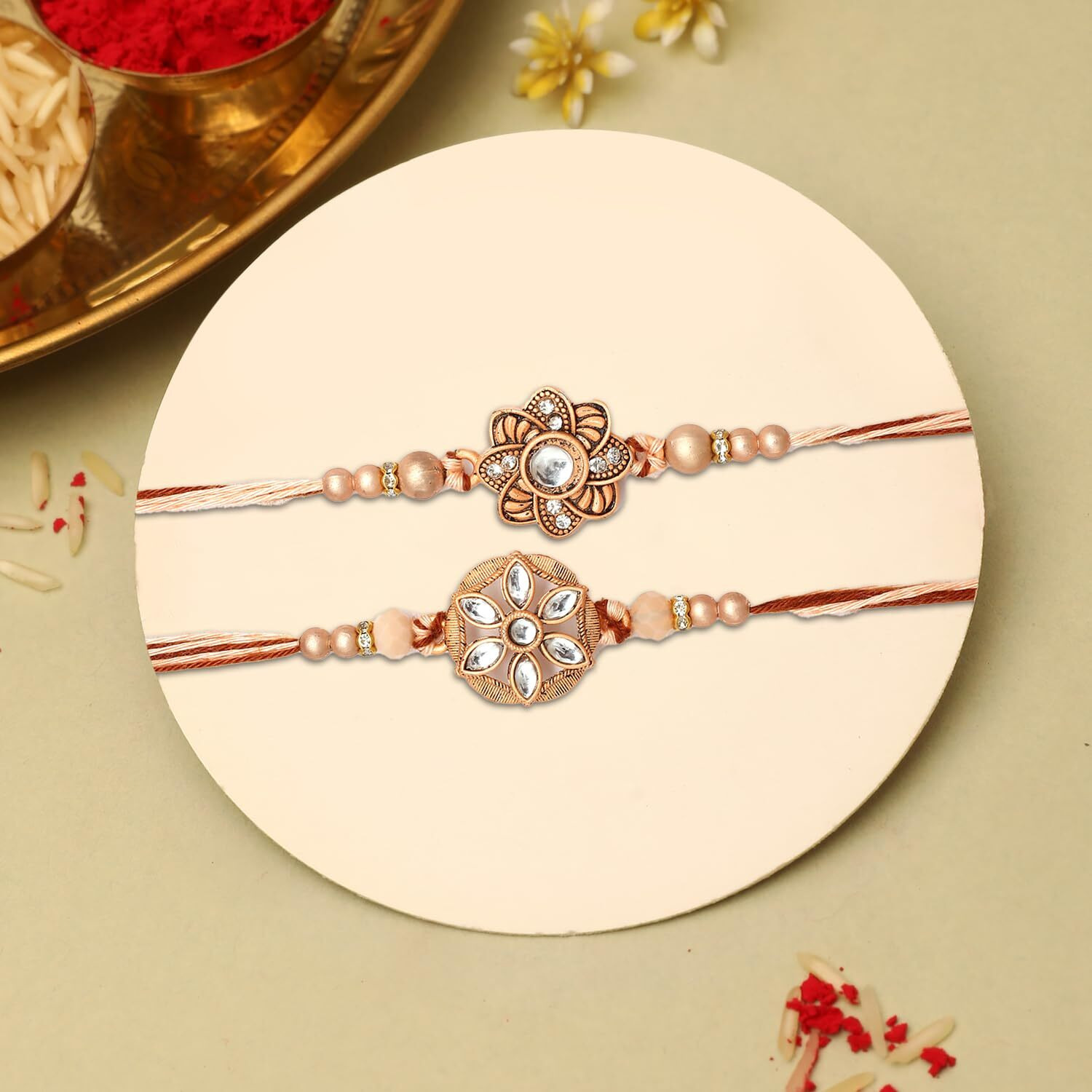 The Purple Tree Rose Gold Floral Kundan Rakhi For Bhai (Pack Of 2), Handmade Rakhi For Brother, Rakshabandhan Gift For Bhai, Best Rakhi For Bhaiya