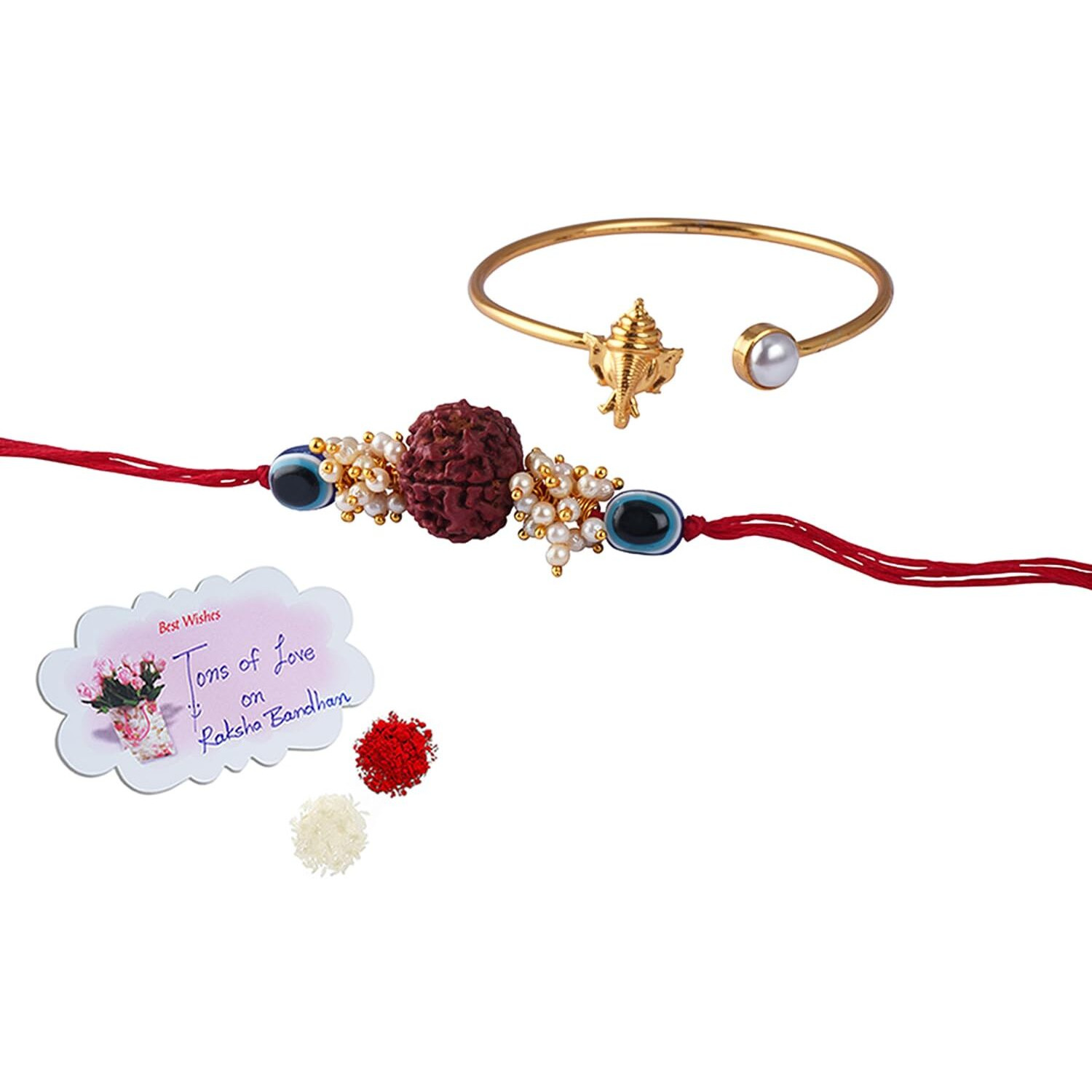 Jfl Unisex Adult-Jewellery For Less Combo Of Evil Eye Rudraksh Rakhi & Ganesha Kada For Bhaiya,Brother, Couple Pair Latest Rakhi With Roli Chawal For Raksha Bandhan With Hand Written