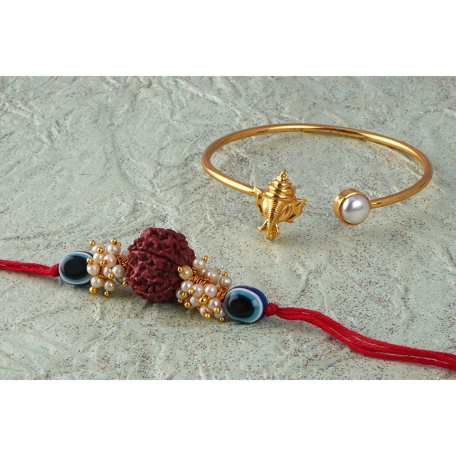 Jfl Unisex Adult-Jewellery For Less Combo Of Evil Eye Rudraksh Rakhi & Ganesha Kada For Bhaiya,Brother, Couple Pair Latest Rakhi With Roli Chawal For Raksha Bandhan With Hand Written